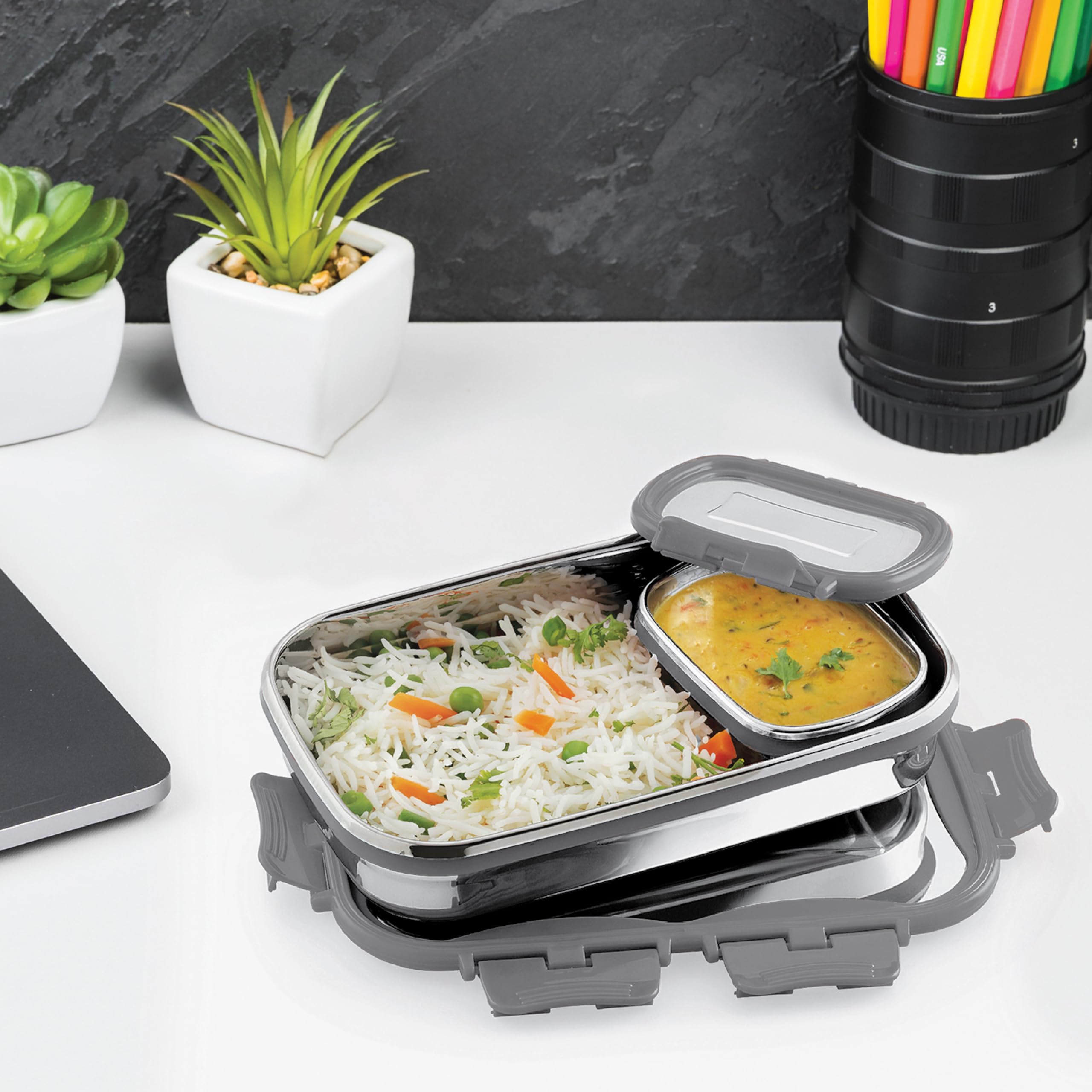 CELLO Click it Steel Insulated Lunch Box, Medium, 925ml, Grey | 2 Container Tiffin for Adults | Snacks Tiffin for Kids with Veg Box | Leak-Proof & Unbreakable Lid | Ideal for Office, School, College (B0CCSG36NG) Amazon Price History, Amazon Price Tracker