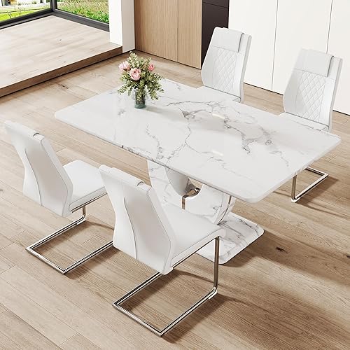 Miniatura 121 de JUFU Juego de mesa de comedor para 6 personas con sillas tapizadas de poliuretano, mesa y sillas de comedor de mármol sintético gris de 63 pulgadas,