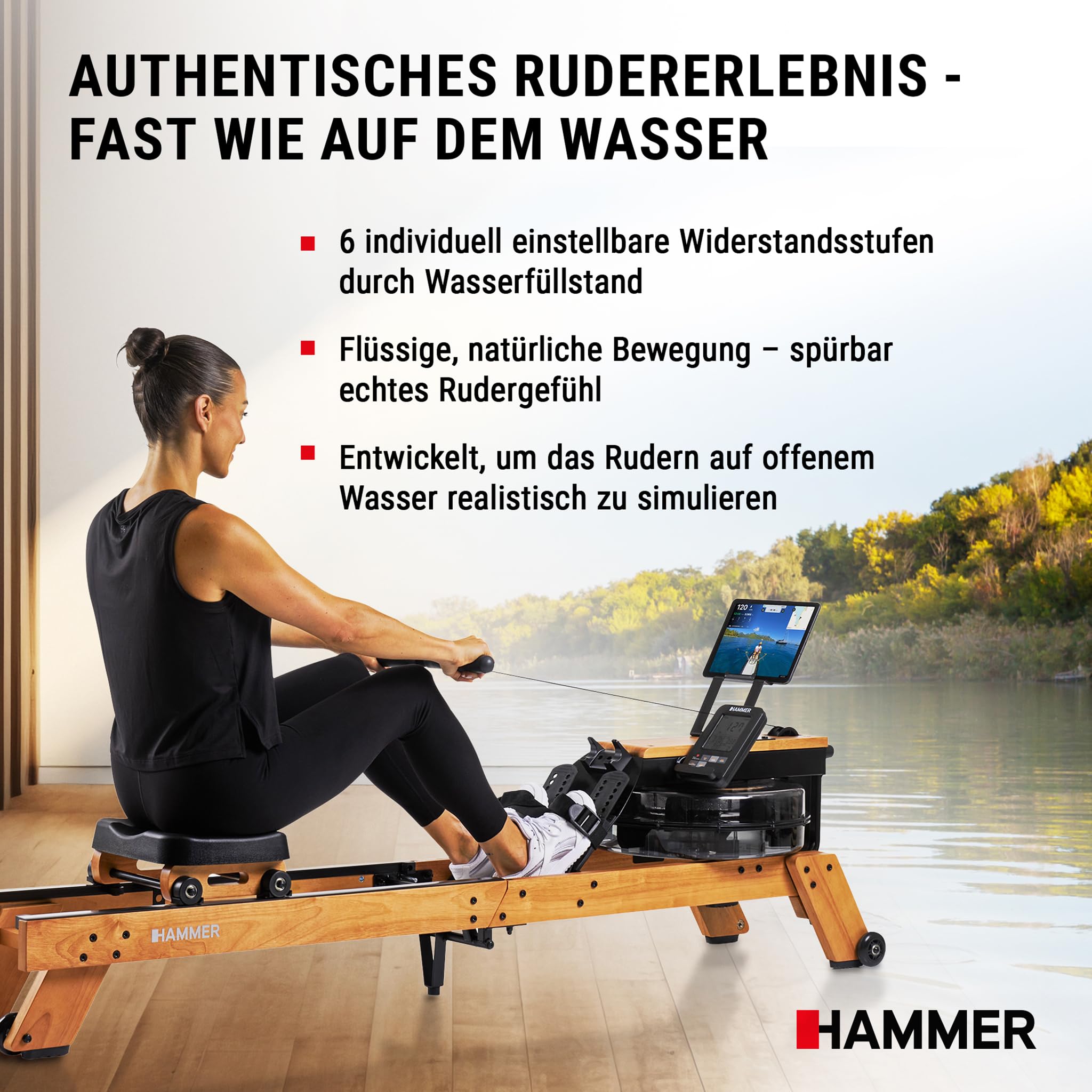HAMMER Vogatore ad Acqua AquaFold - Vogatore pieghevole per casa in vero legno con ruote, macchina per il canottaggio con Bluetooth, computer di allenamento