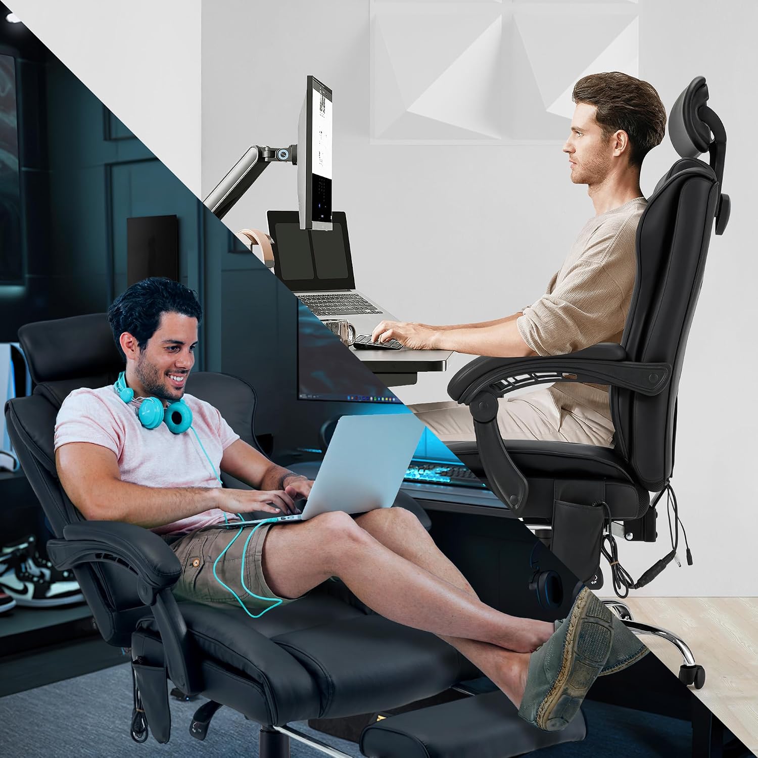 HOMREST 6-Point Massage Office Chair with Heat, Executive Office Chair with Reclining Backrest up to 135°, Ergonomic Computer Chair with Adjustabel Headrest,All Black
