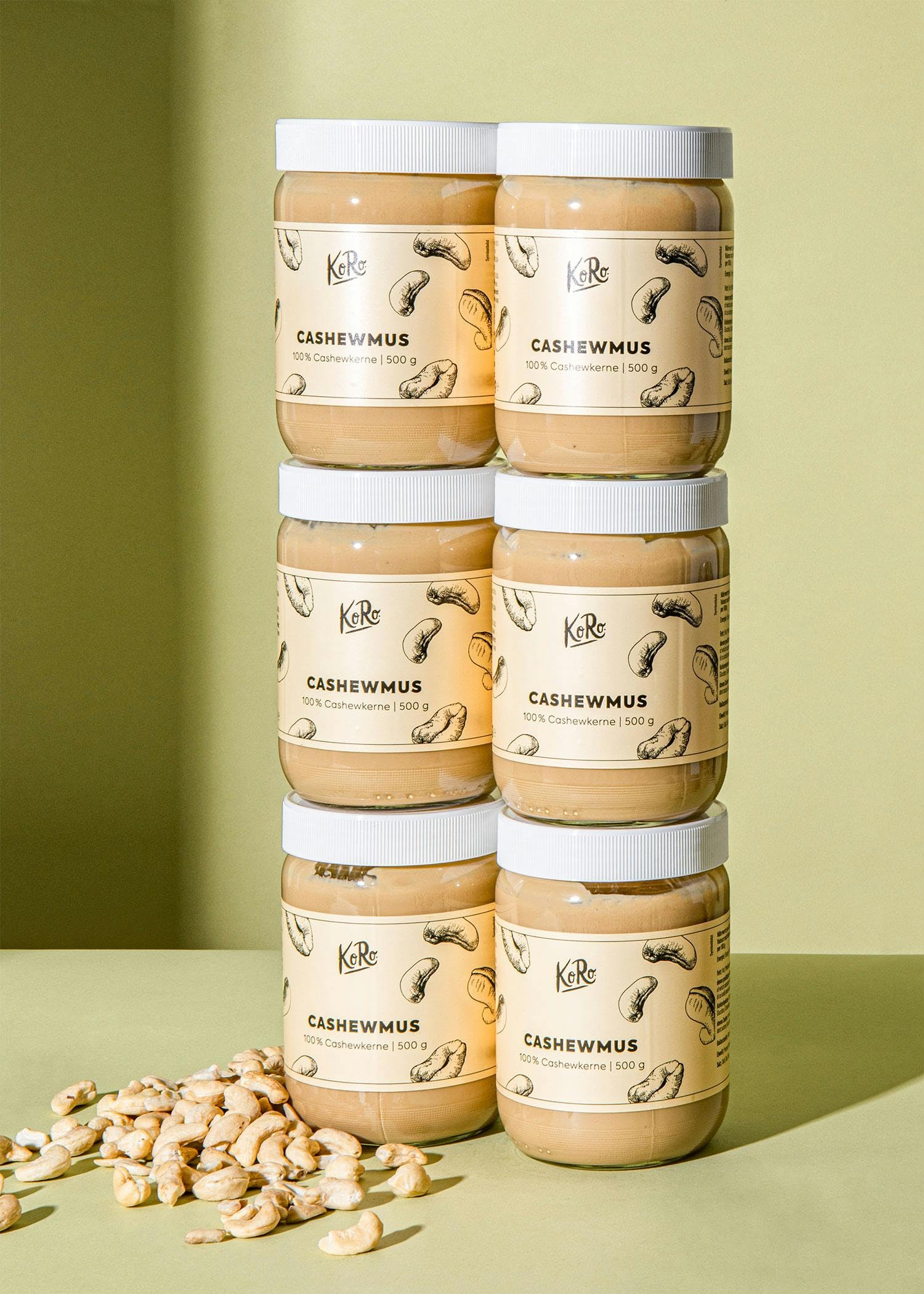 KoRo - Crema di anacardi 6 x 500 g - Crema di frutta secca senza zuccheri aggiunti e senza additivi - Spalmabile, 100% a base di anacardi, prodotto vegano