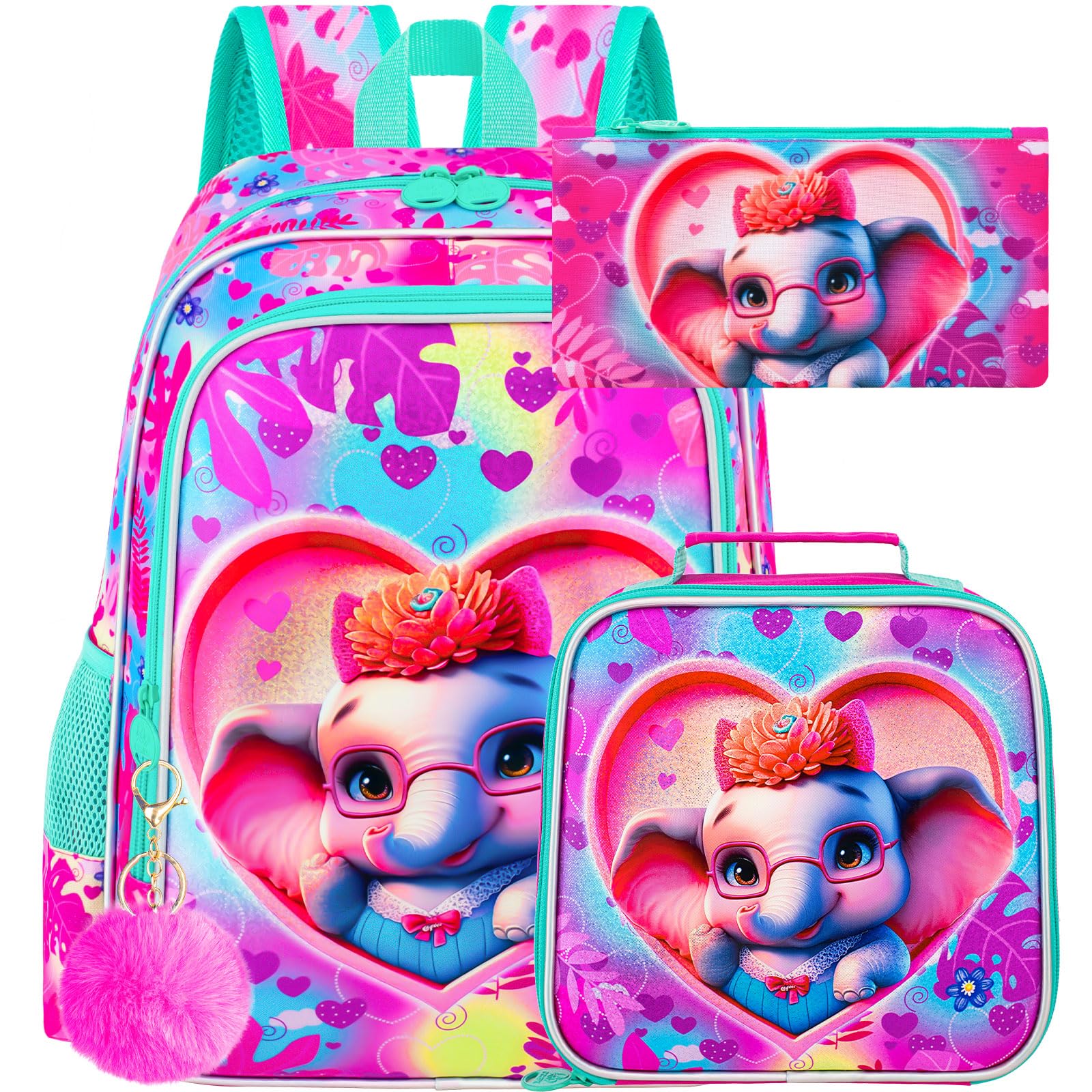 3PCS Girls Backpack Kids Water Resistant Heart Bookbag Set with Lunch Box Cute Kids School Bag for Preschool