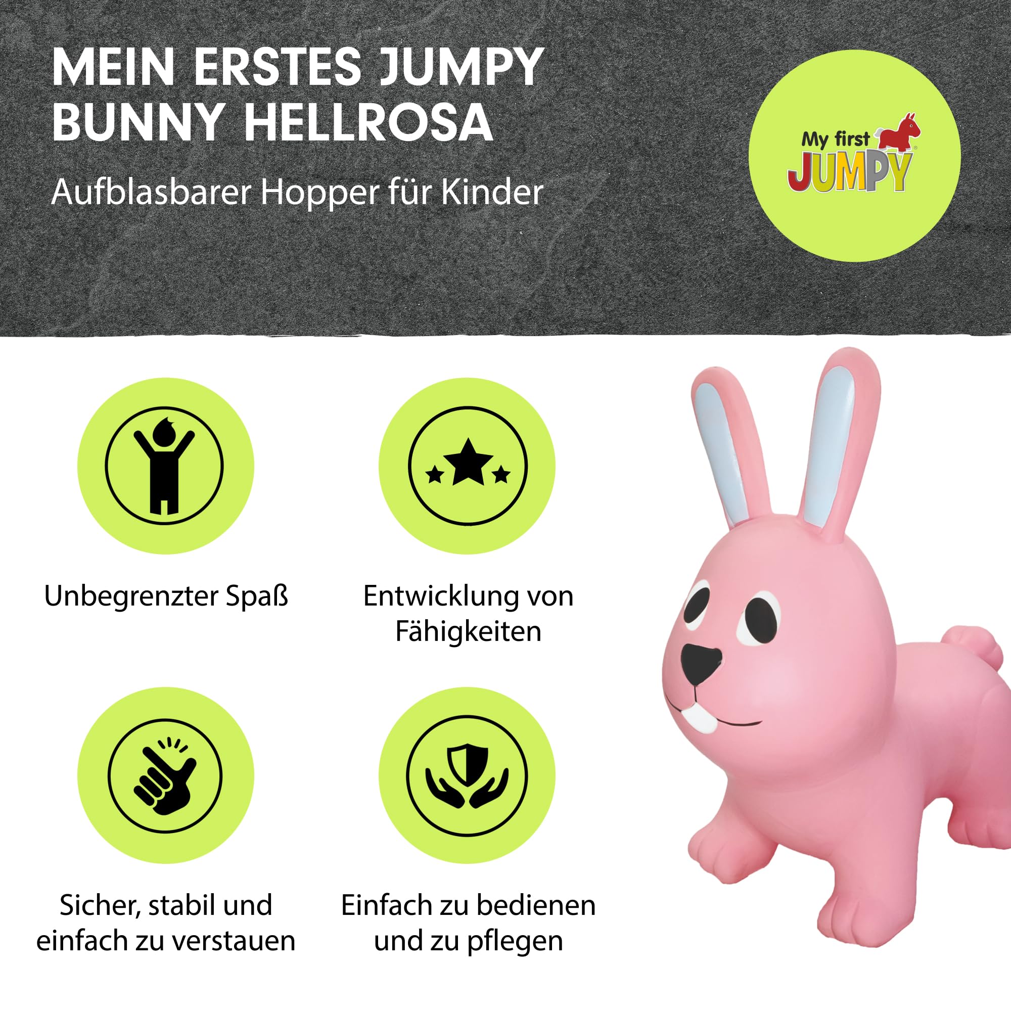 GERARDO'S Toys Jumpy Hüpftier Hase Hellrosa ca. 58 cm - Hüpftiere ab 1 Jahr - Aufblasbare Tiere für drinnen & draußen - Inklusive Luftpumpe