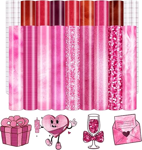 Vinilo permanente rosa fucsia, 16 hojas de 12 x 10 pulgadas, textura rosa y roja, vinilo adhesivo permanente para tazas, tonos rosas, vinilo