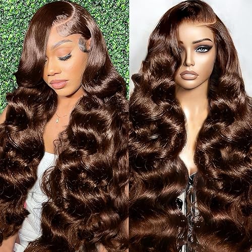 A8 Chocolate Brown Human Hair Wig 200 Density 13X6 Body Wave Lace Front Wigs Human Hair HD Frontal Wigs Pre Plucked Glueless Brown Lace Front Wig for Women 26 Inch