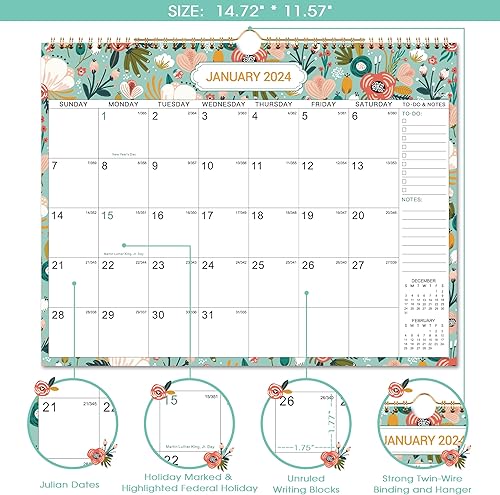 Miniatura 2 de Calendario de pared 2024, de enero de 2024 a diciembre de 2024, calendario mensual de pared de 14.8 x 11.4 pulgadas con fecha juliana, calendario