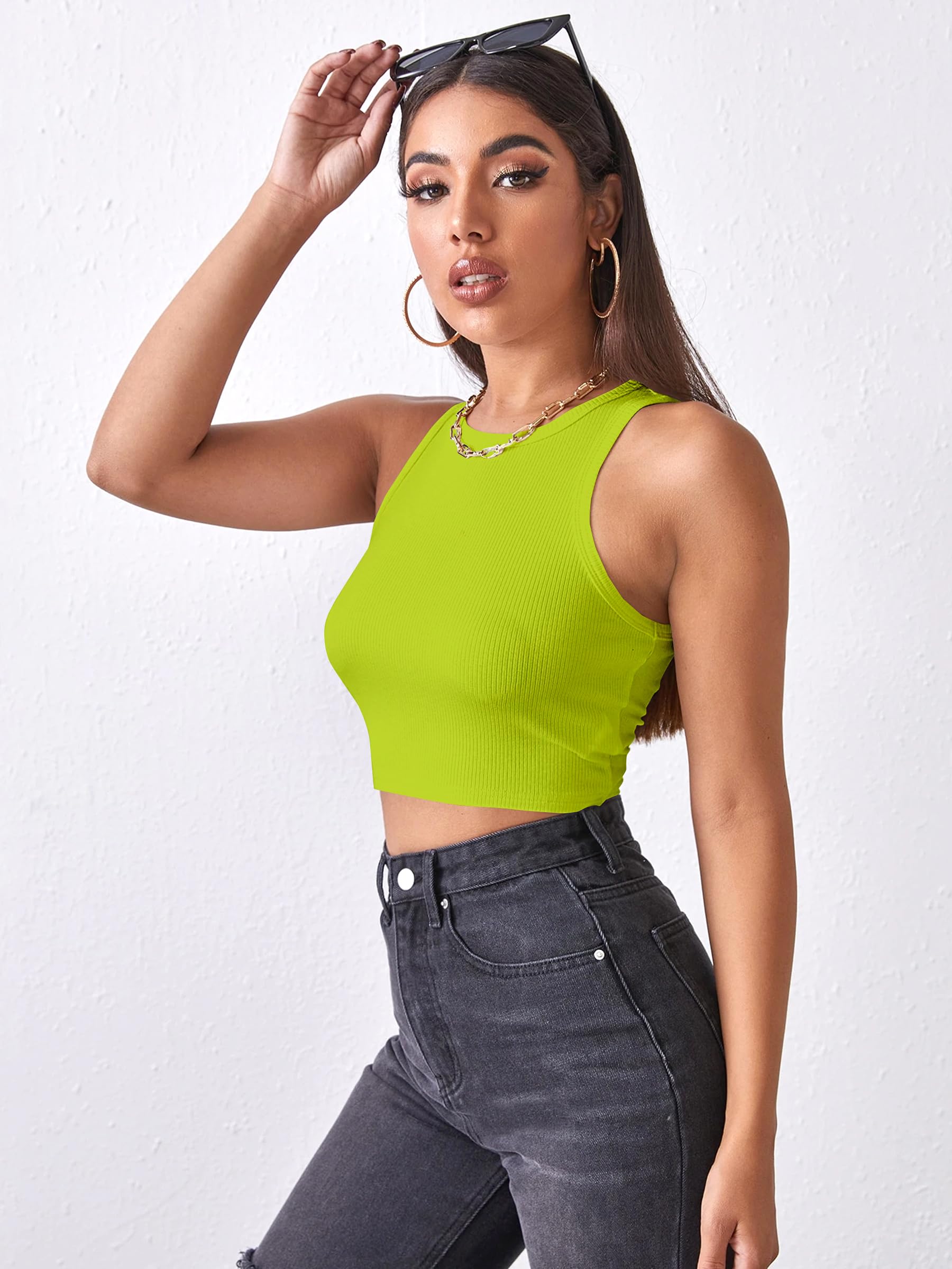 BERRY BIRD® Stylish Sleeveless Round Neck Ribbed Tank Tops for Women and Western Crop Top-L-Green 1