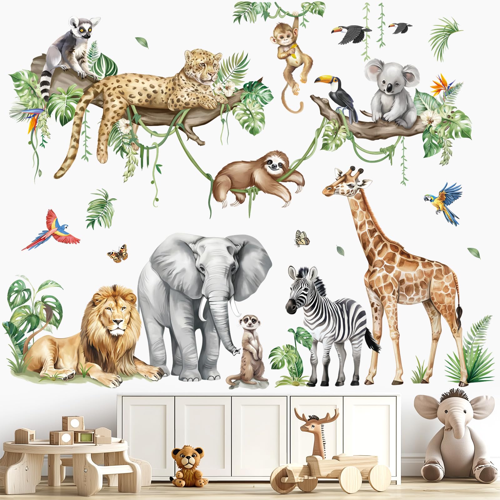 Sticker mural XXL 'Jungle Animals Tree Branch' de decalmile, transformant une chambre d'enfant en un paysage d'aventure.