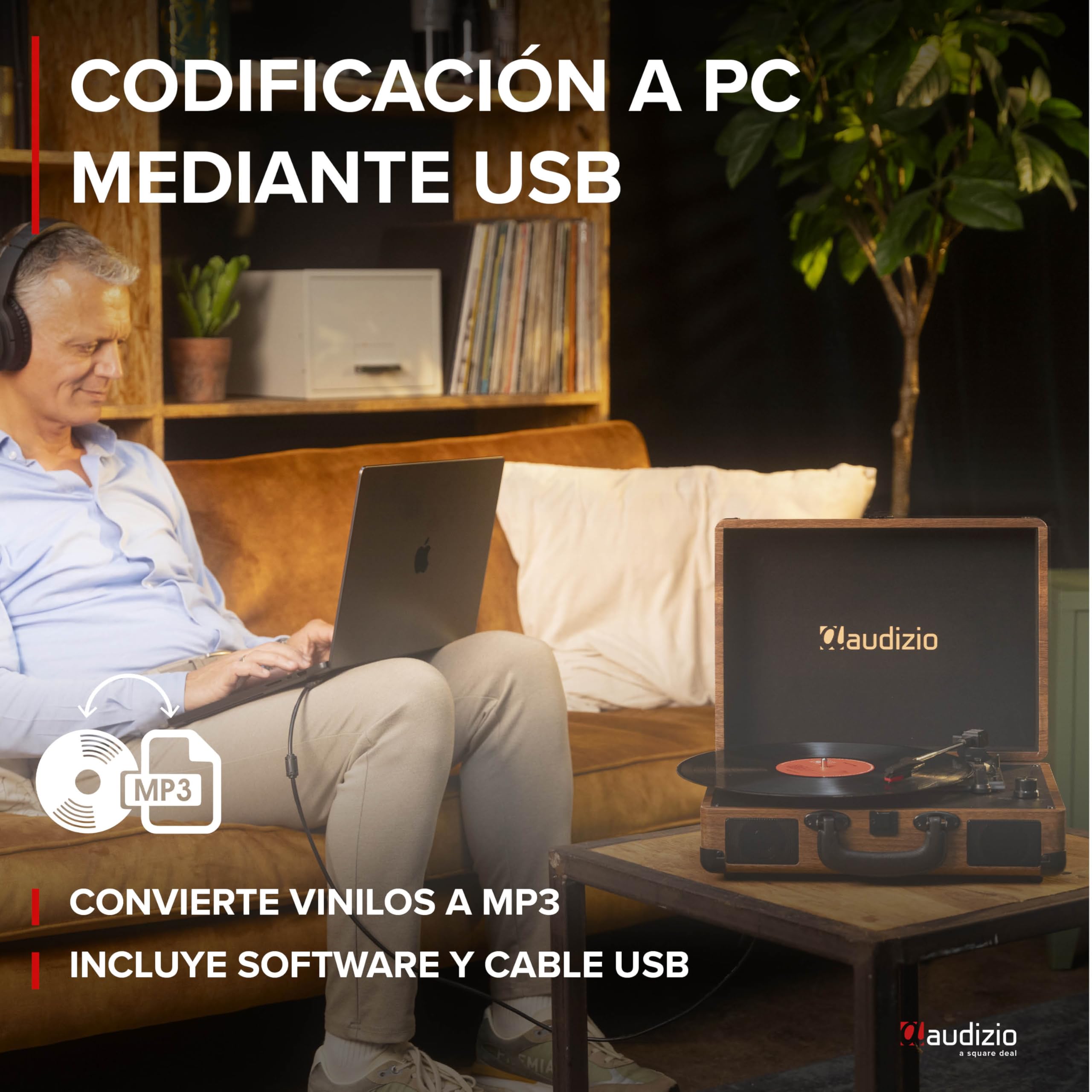 Audizio RP116W Tocadiscos de Vinilo Estilo Maletín con Bluetooth In/out, Altavoces Integrados, Codificación MP3 por USB y 3 Velocidades – Diseño Retro Compacto en Color Madera con Sonido Estéreo