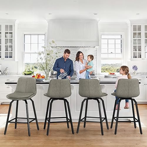 Miniatura 6 de LUE BONA Juego de 3 taburetes de bar giratorios mejorados, de 26 pulgadas de altura de mostrador, taburetes de bar de piel sintética gruesa con