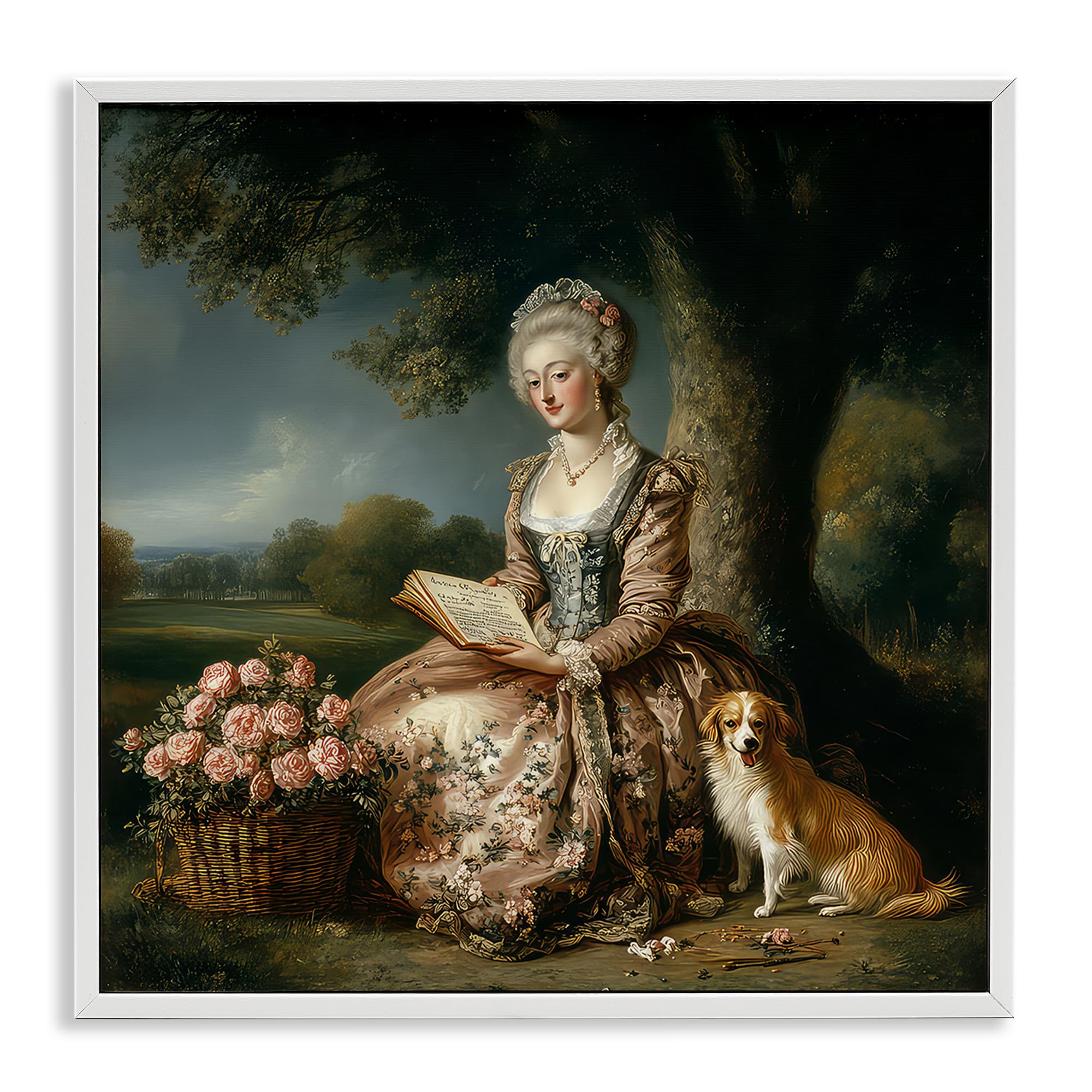 Stupell Industries Coastal White (Textured) 'Rococo Woman With Dog'| Framed Giclee Art