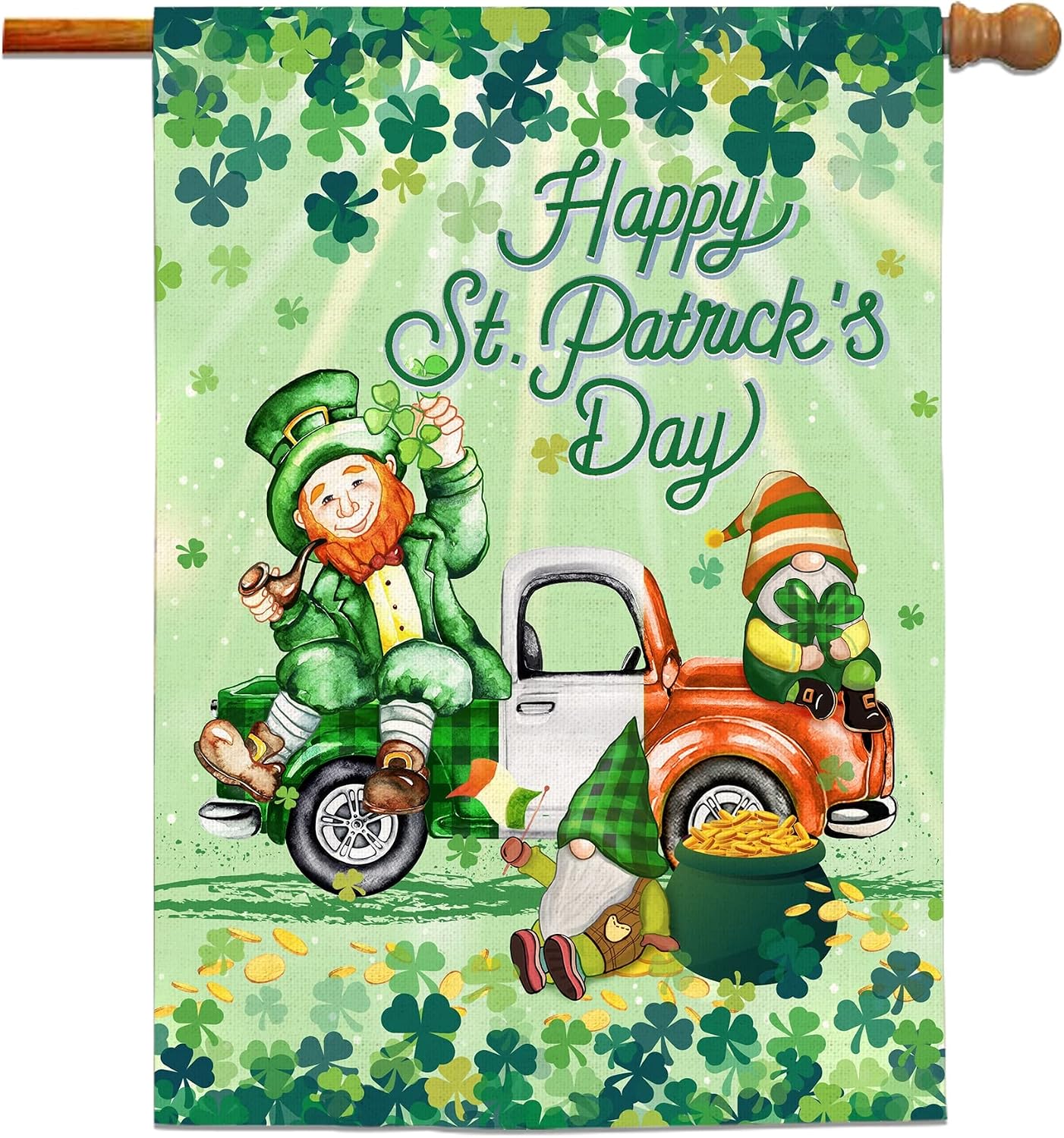 Bonsai Tree St Patricks Day Flag 28 x 40 Double Sided, Decorative Garden Flags St. Patricks Day, Irish Green Car with Leprechaun Gold Pot Coins Clovers Yard Home Decorations