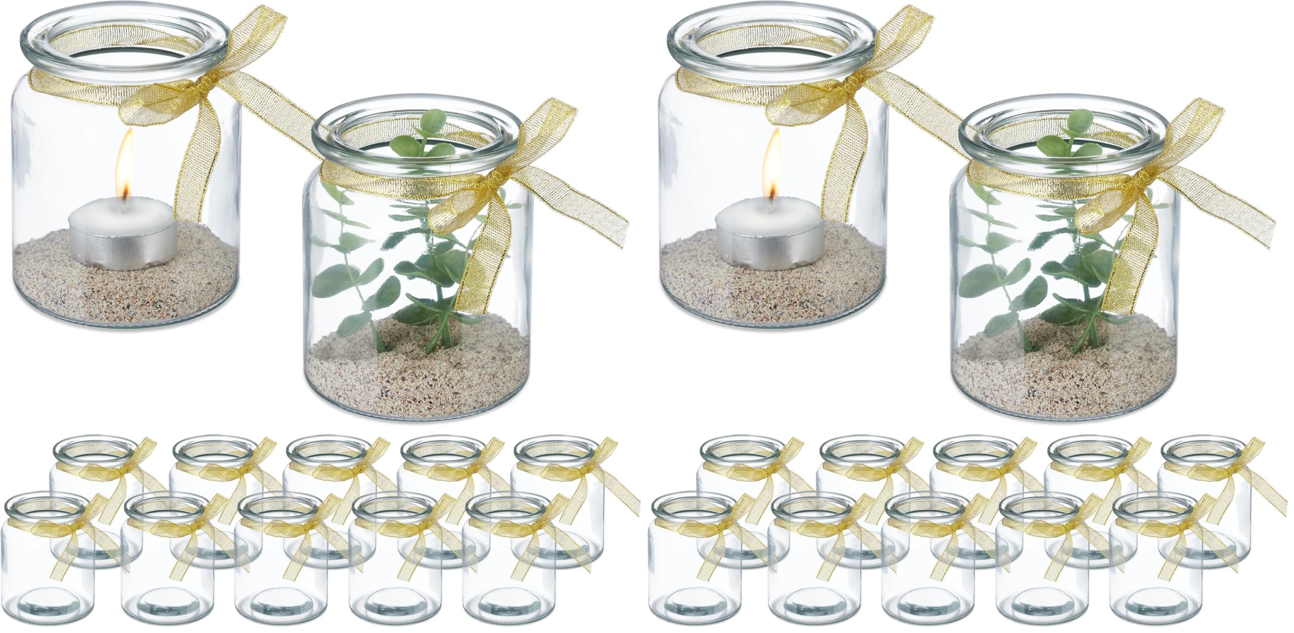Relaxdays Windlicht, 12er Set, aus Glas, innen & außen, H x D: 9,5 x 8 cm, Teelichthalter mit Schleife, transparent/Gold (Packung mit 2)