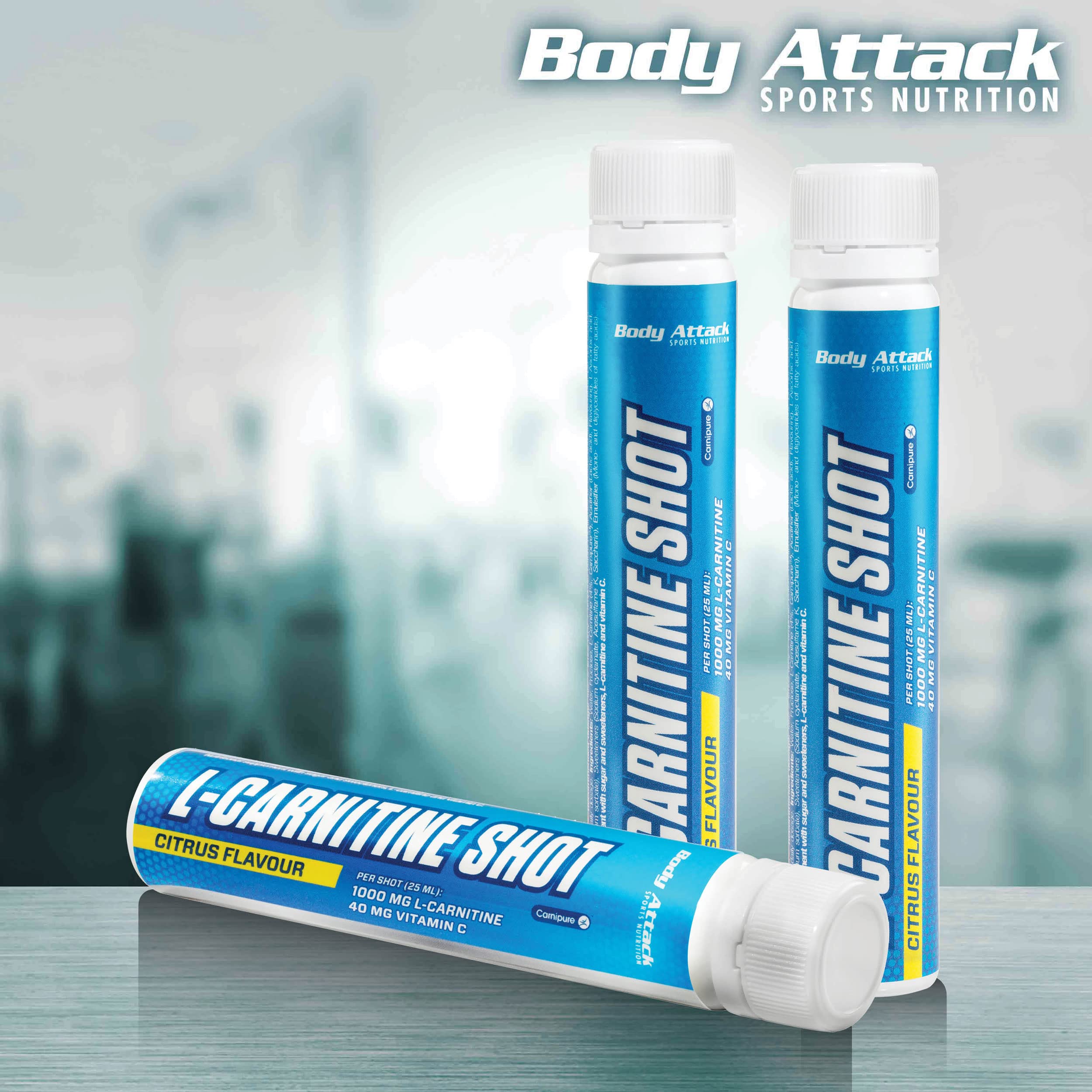 flüssiges l carnitin Body Attack- L-Carnitin Shot, Leckere 1000mg L-Carnitin in flüssiger Form,  Patentiertes CarnipureTM Lonza, Extra Portion Vitamin C, Veganer Pre