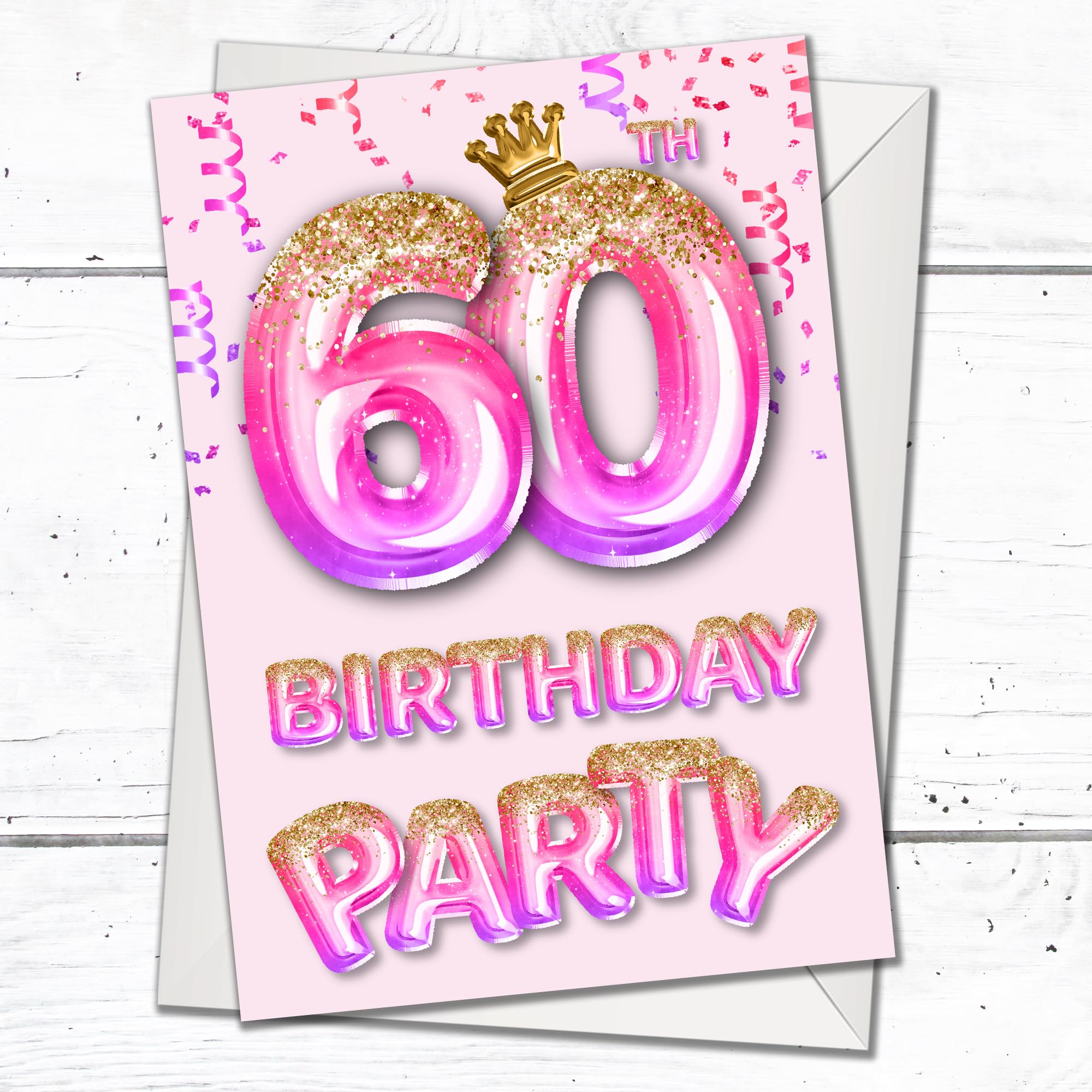 Olivia Samuel Paquete de 20 invitaciones de 60 cumpleaños con sobres, efecto rosa y dorado, listas para escribir, diseñadas e impresas en el Reino Unido