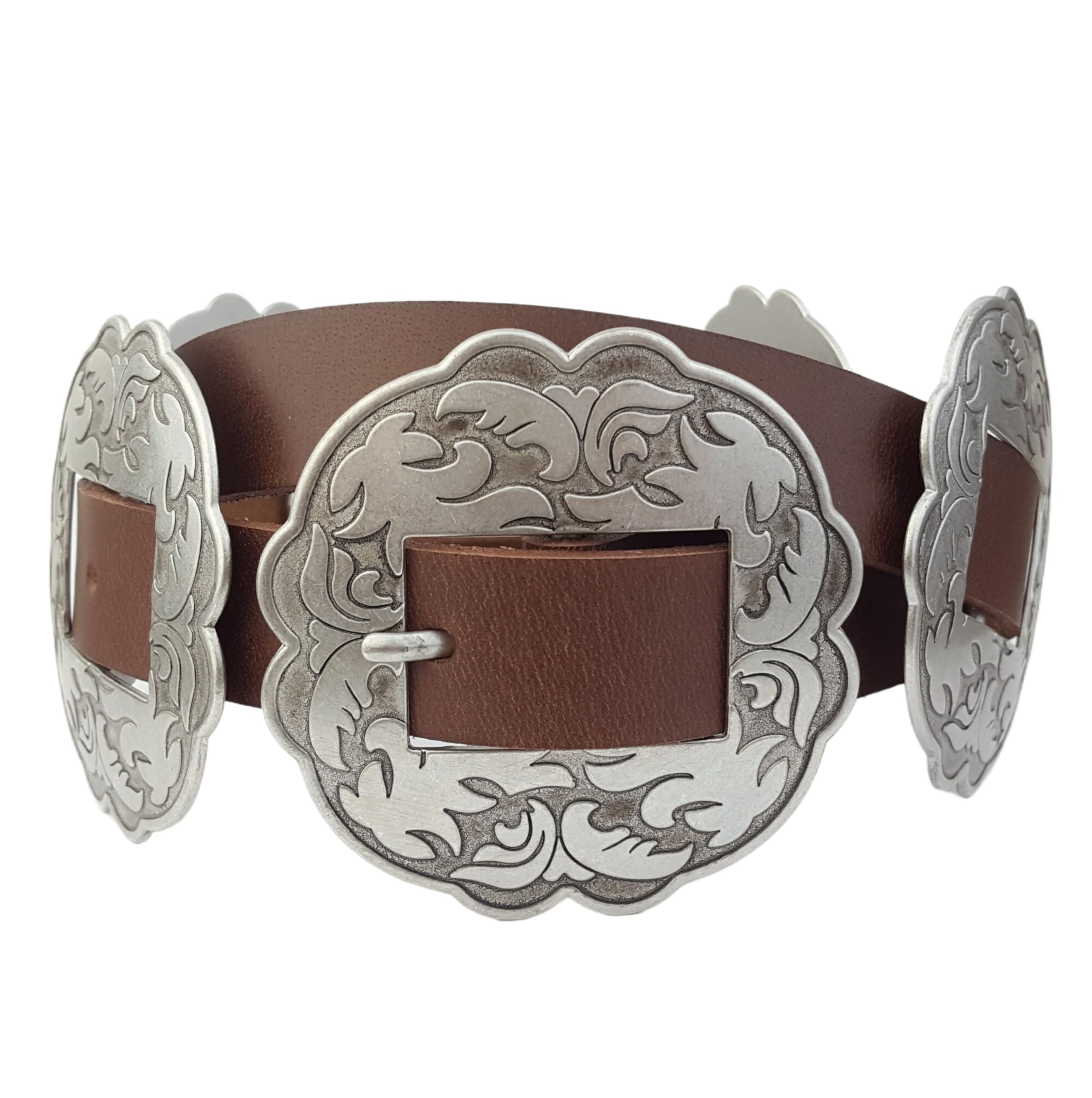 AXESORIA: Genuine Leather Belt with Matching Western Floral Shape Concho Brown 32