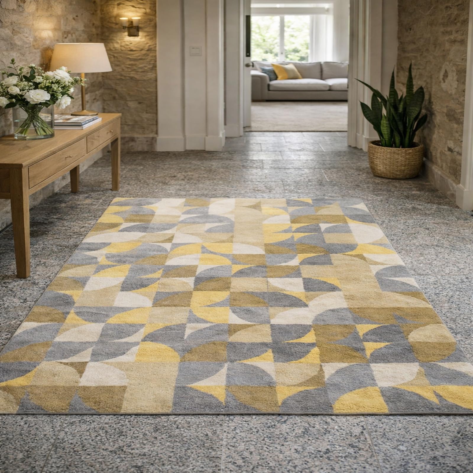 Tapis de salon géométrique moderne gris et jaune 200x300 cm pour grand séjour