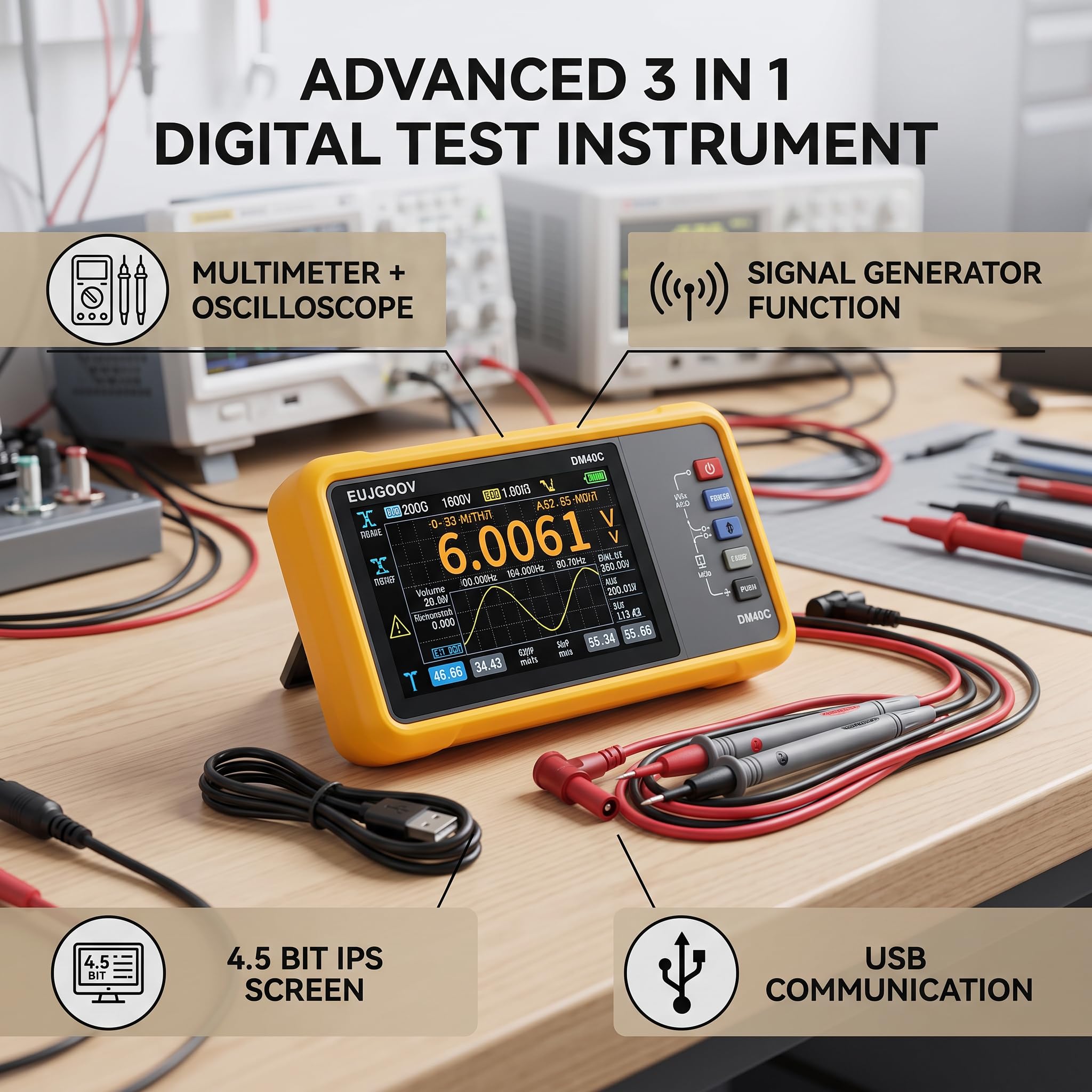 3in1 Digital Multimeter Oszilloskop Signalgenerator 50MSa/s 10MHz Tragbares Messgerät mit 3.5 Zoll Touchscreen