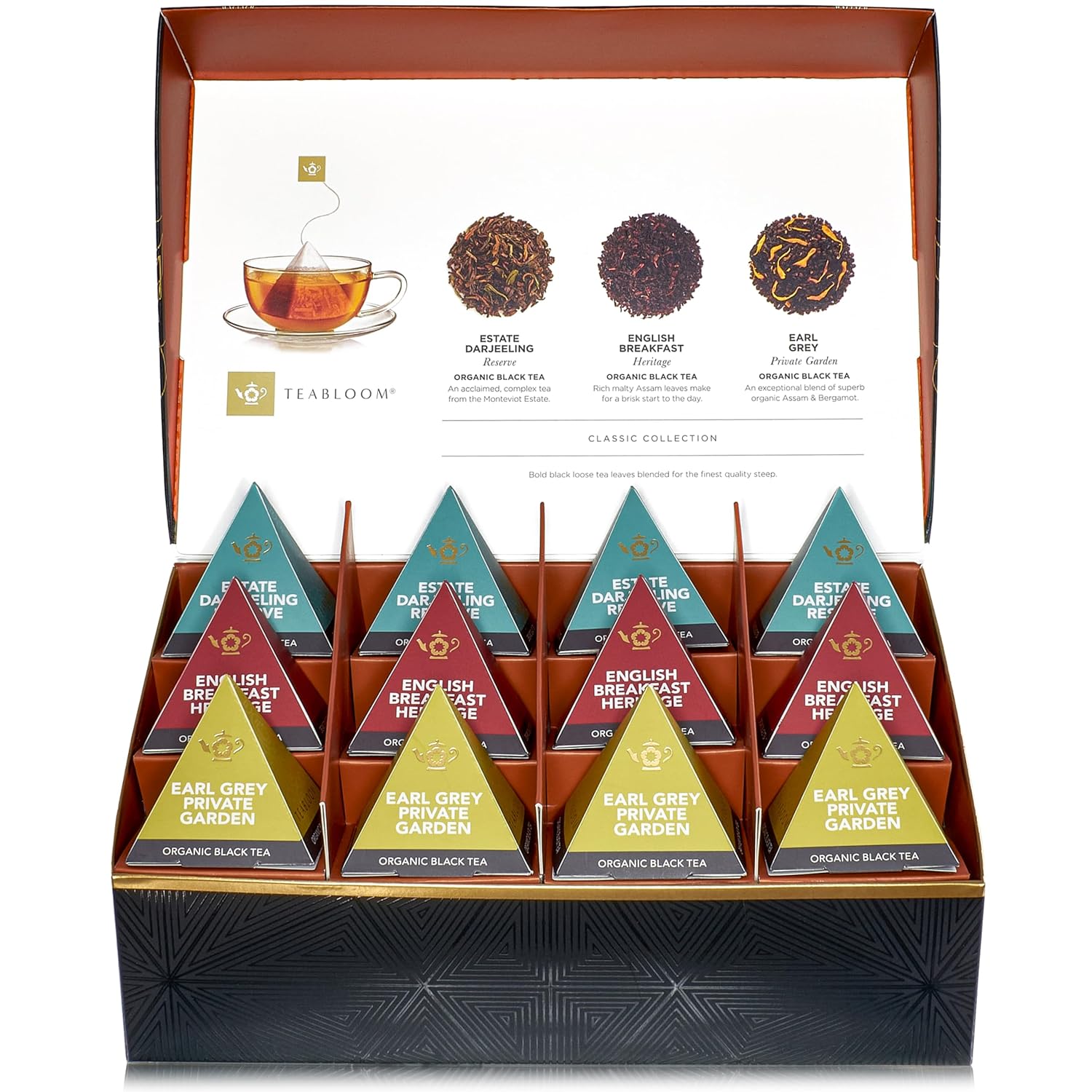 Teabloom Classic Black Teas – Organic Assortment with 12 Plant-Based Pyramid Sachets, Earl Grey, Darjeeling & English Breakfast, Elegant Presentation Box for Tea Enthusiasts - Image 2