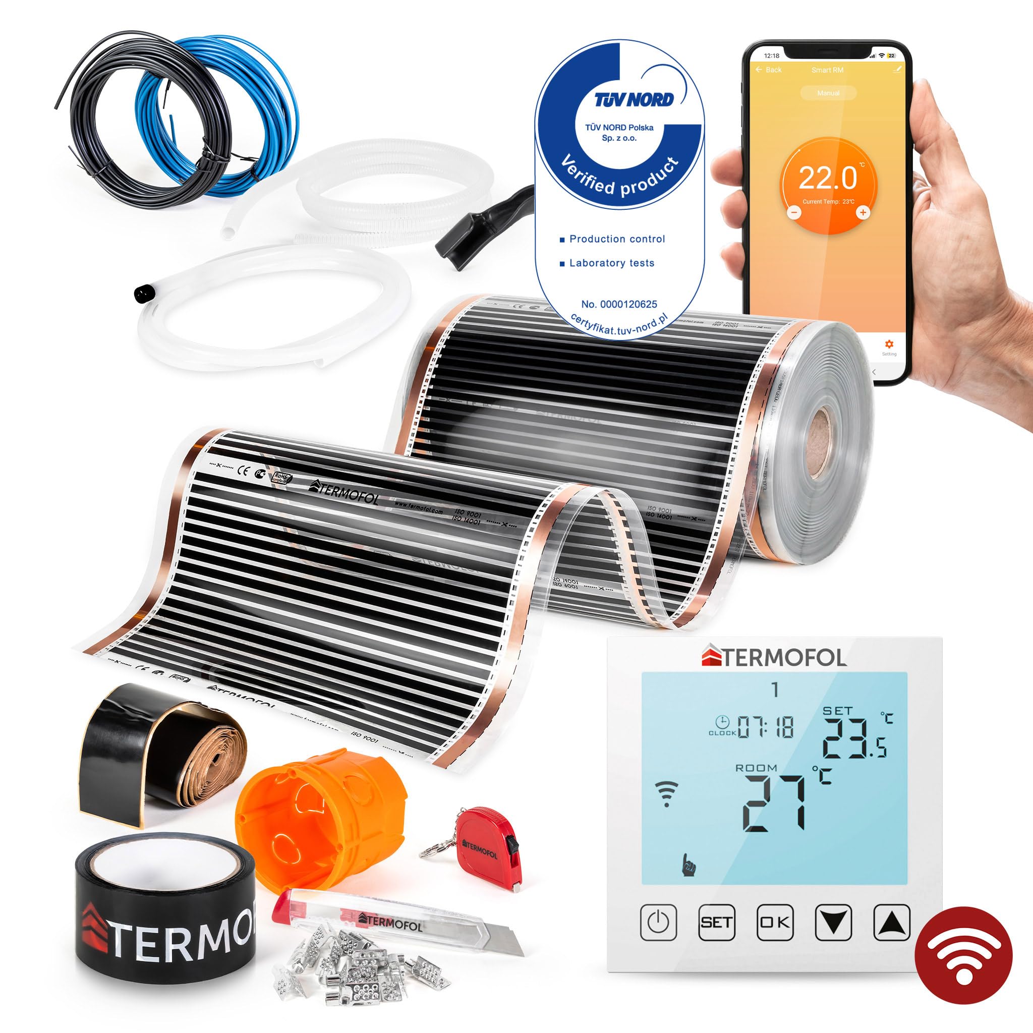 Termofol Calefacción por suelo radiante eléctrica Lámina calefactora 230V - con termostato WIFI - Potencia 220 W/m2 - Superficie 5m² - Juego completo de calefacción eléctrica para suelo, pared o techo