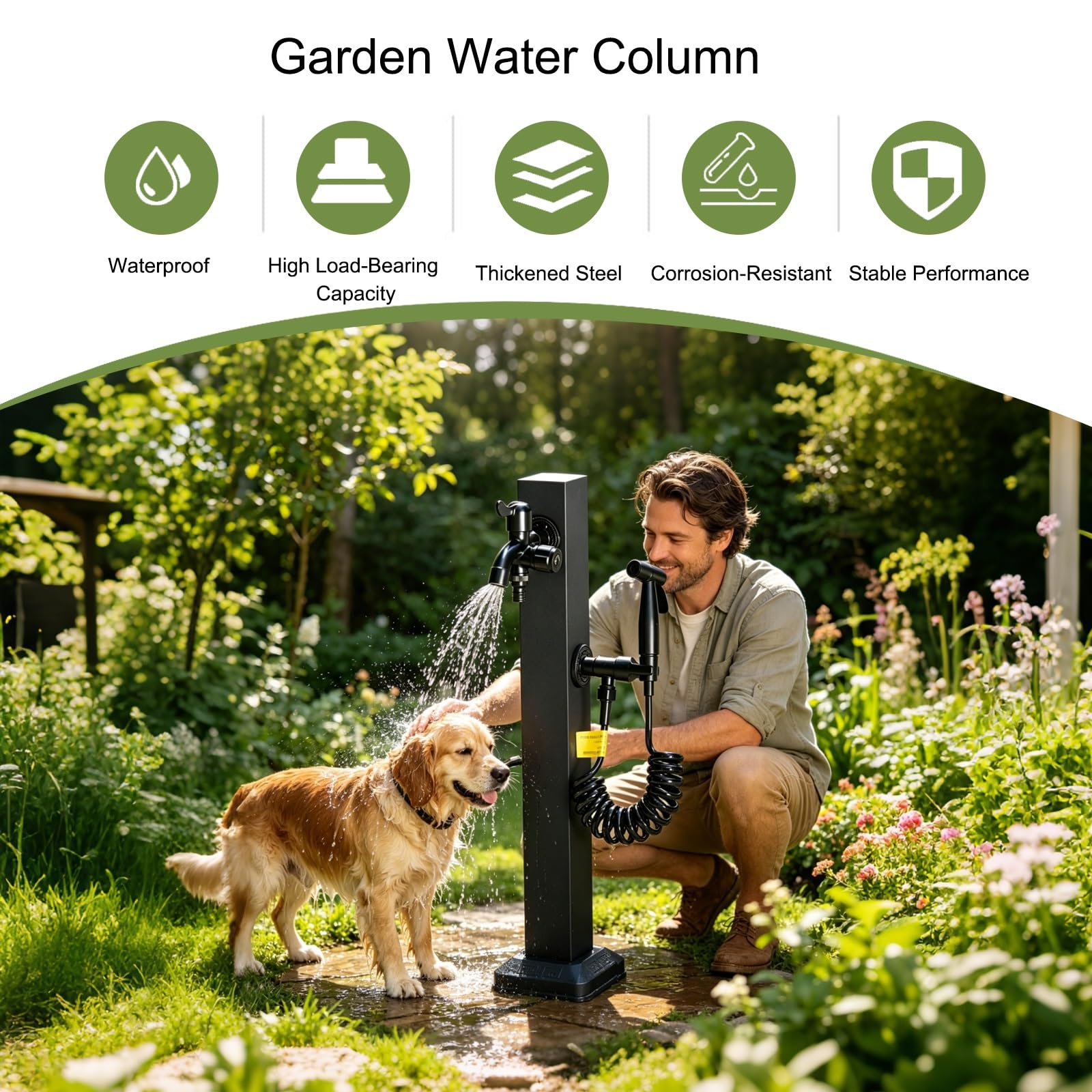Columna de Agua para Jardín Exterior Independiente, Grifo de Columna de Agua de Acero Inoxidable para Exteriores, Grifo con Soporte Manguera(Black 2,60cm/23.6in)