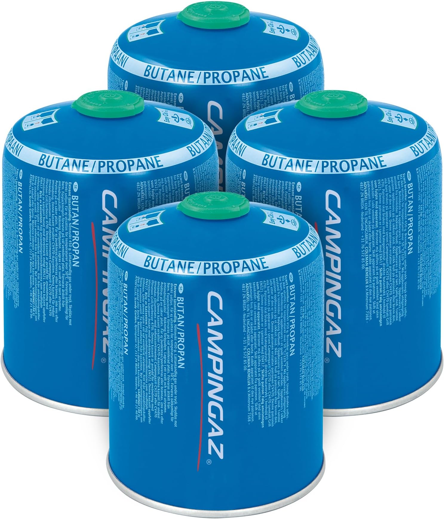CV 470 Plus gas cartridge 4-Pack, valve cartridge with patented Easy Clic Plus Technology, suitable camping stoves, camping grills or lamps, 450 g butane/propane mix (80/20)