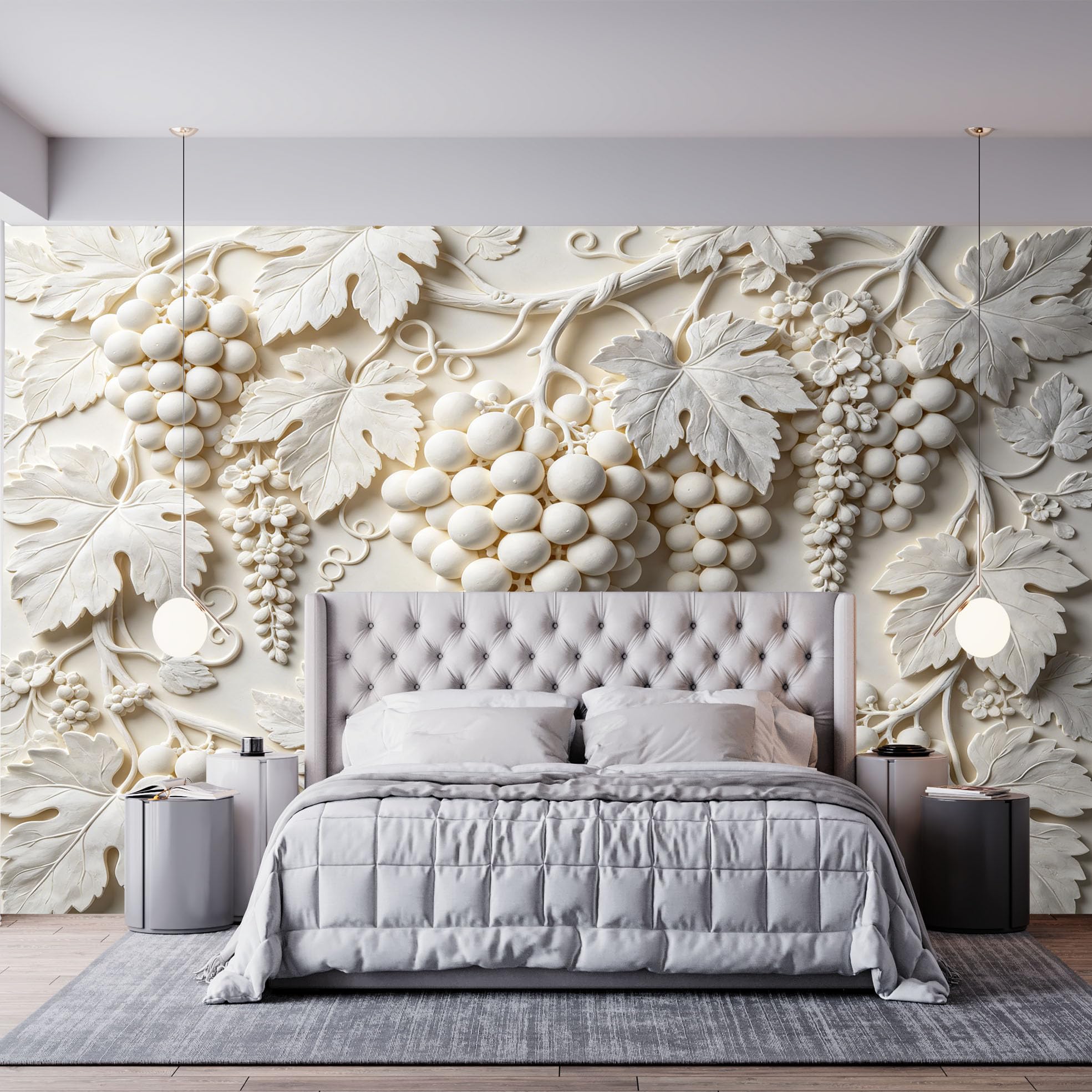 Malarstwo ścienne z winogron 3D tłoczone kiście winogron Botaniczna włóknina tapeta europejska vintage rzeźba winnicy fototapeta 250 x 175 cm kremowo-biały akcent ściana do salonu i sypialni Druive