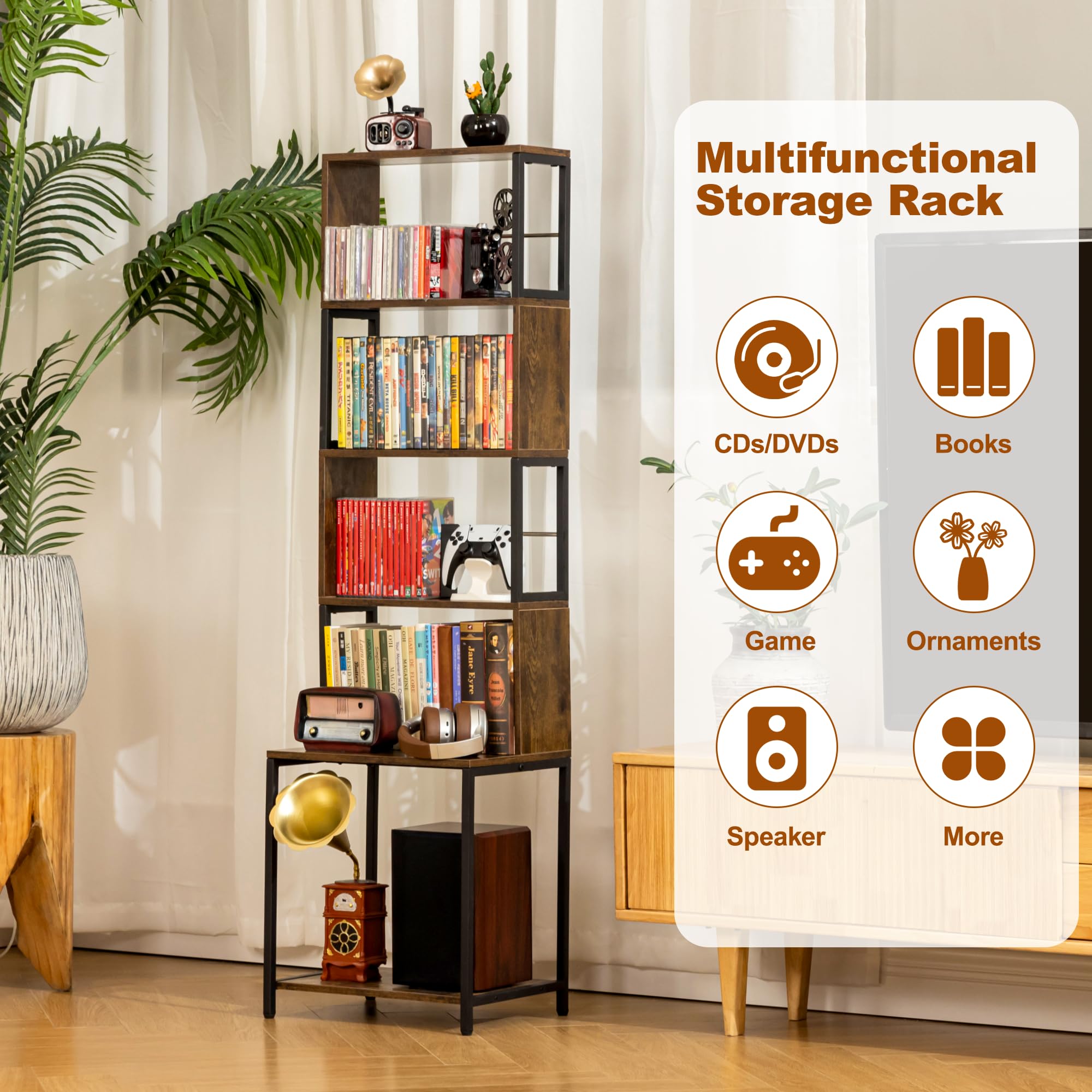 Aquzee Scaffale portaoggetti per CD, 4 ripiani, in legno, per DVD, CD, con divisori regolabili, organizer per media, espositori per CD, DVD, Blu Ray, videogiochi, libri