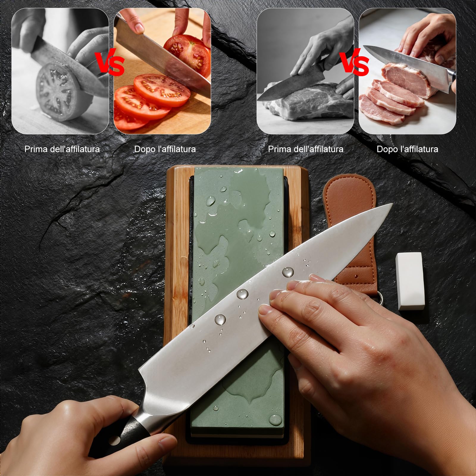 Pietra Affilacoltelli Giapponese 8-in-1 – Set 400/1000 & 3000/8000 per Affilare Coltelli, Supporto Antiscivolo in Bambù, Guida Angolare per Affilatura Precisa, Grana Fine e Grossa