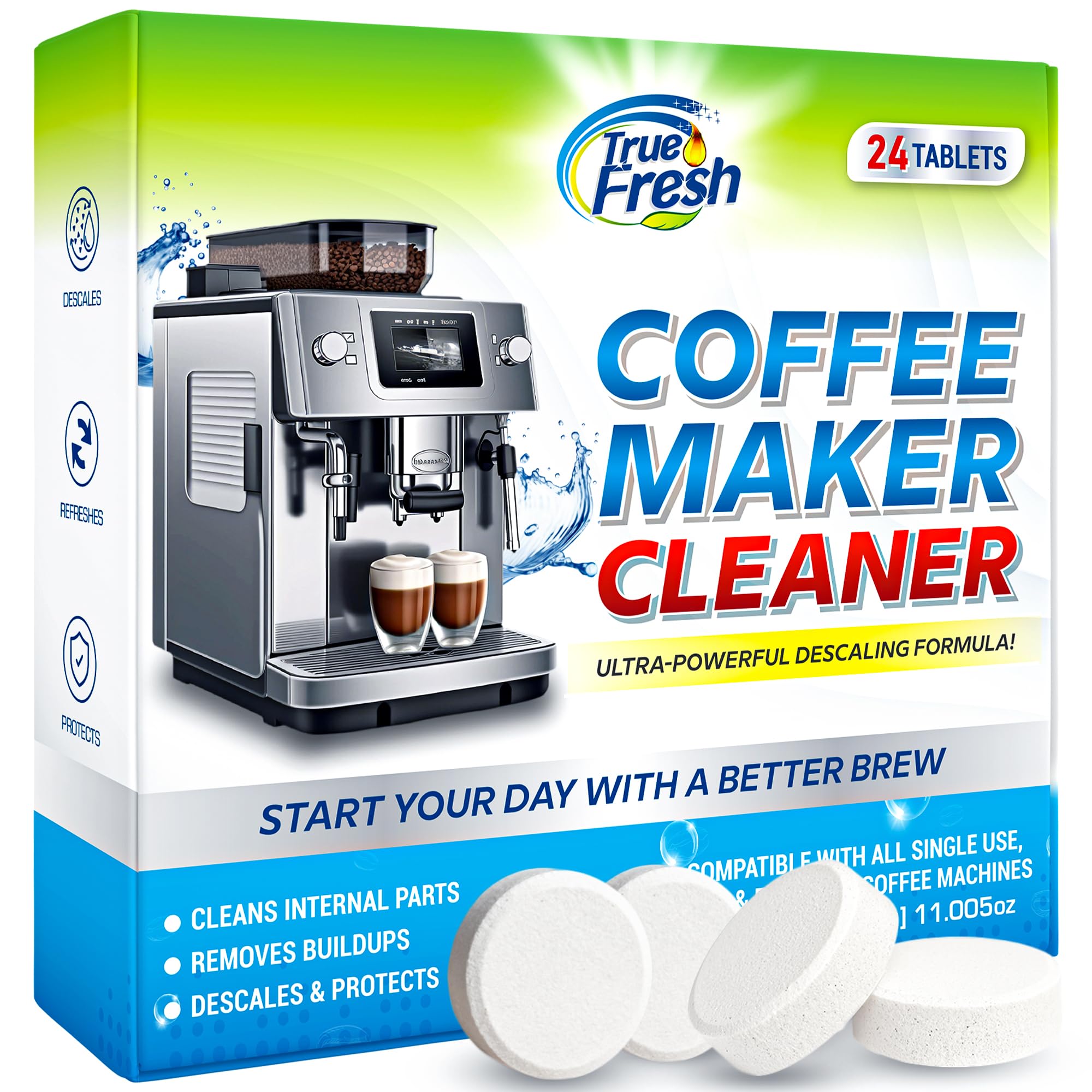 True Fresh Coffee Machine Descaler & Cleaner Tablets - 24 Count, Uses for Keurig, Breville, Miele, Delonghi, Ninja, Nespresso, Coffee Maker Pot cleaning Tabs, Descale Drip Coffee & Espresso Machines