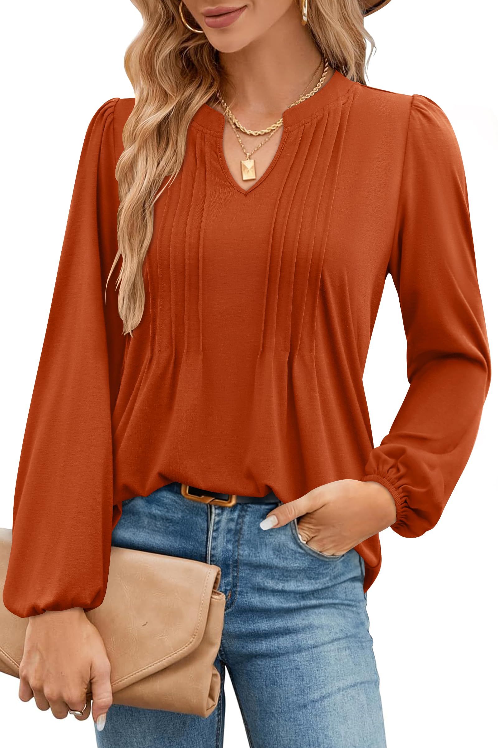 IVIR Damen V-Ausschnitt Puff Langärmel T-Shirts Plisserte Casual Loose Tunica Blouse