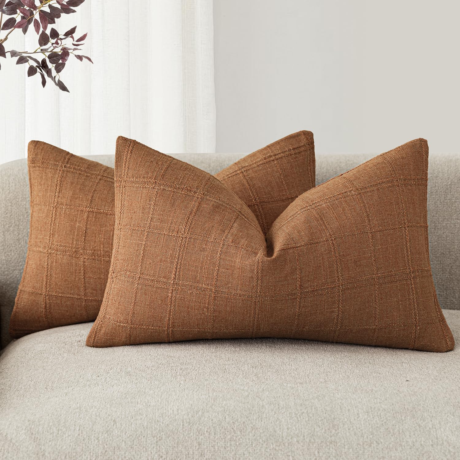 Foindtower Textured Linen Check Lumbar Throw Pillow Cover 12×20 Inch,Orange