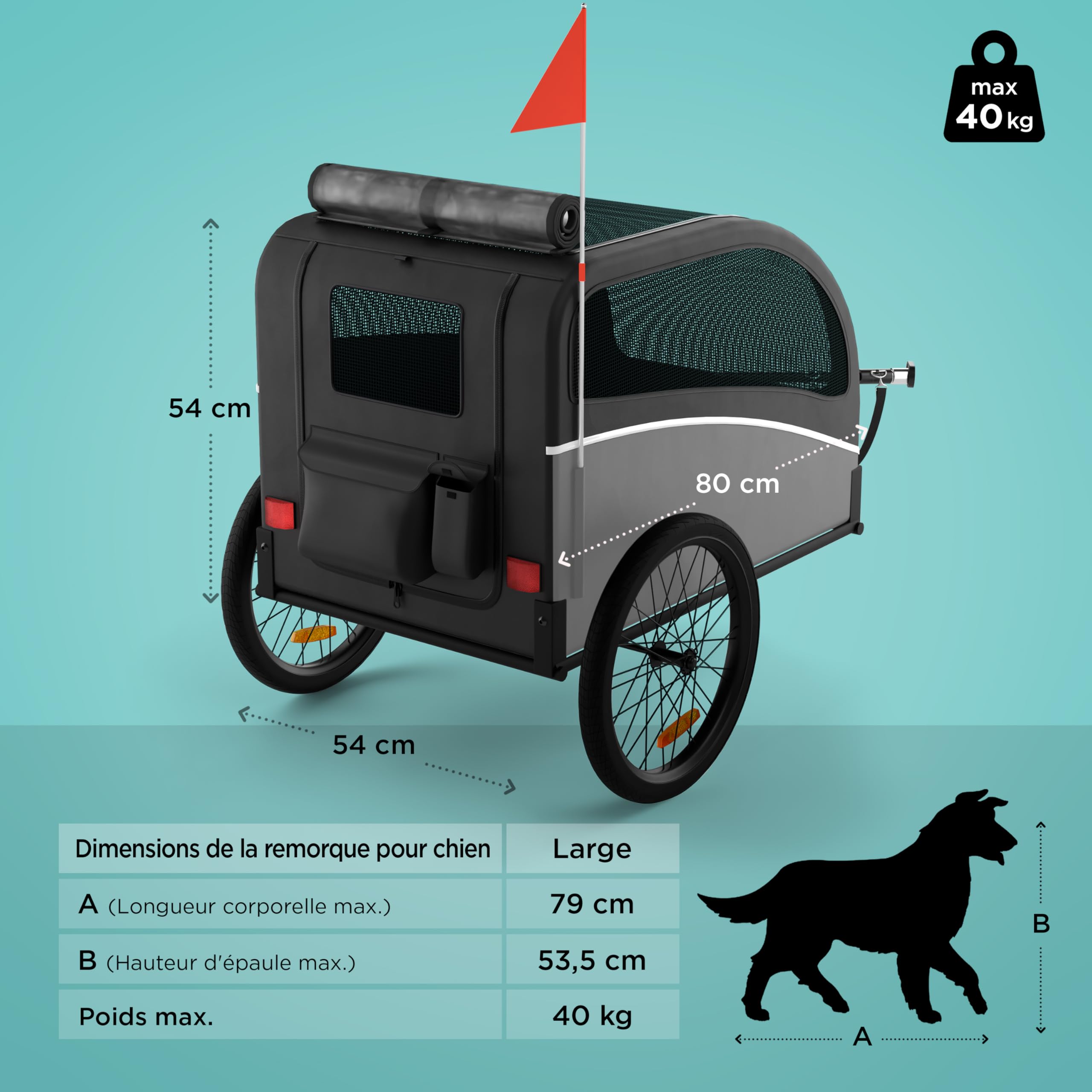 Remorque Velo Chien – Chariot Pliable avec attelage et réflecteurs – Carriole étanche Jusqu’à 40 kg – Compatible avec vélos électriques – Noir