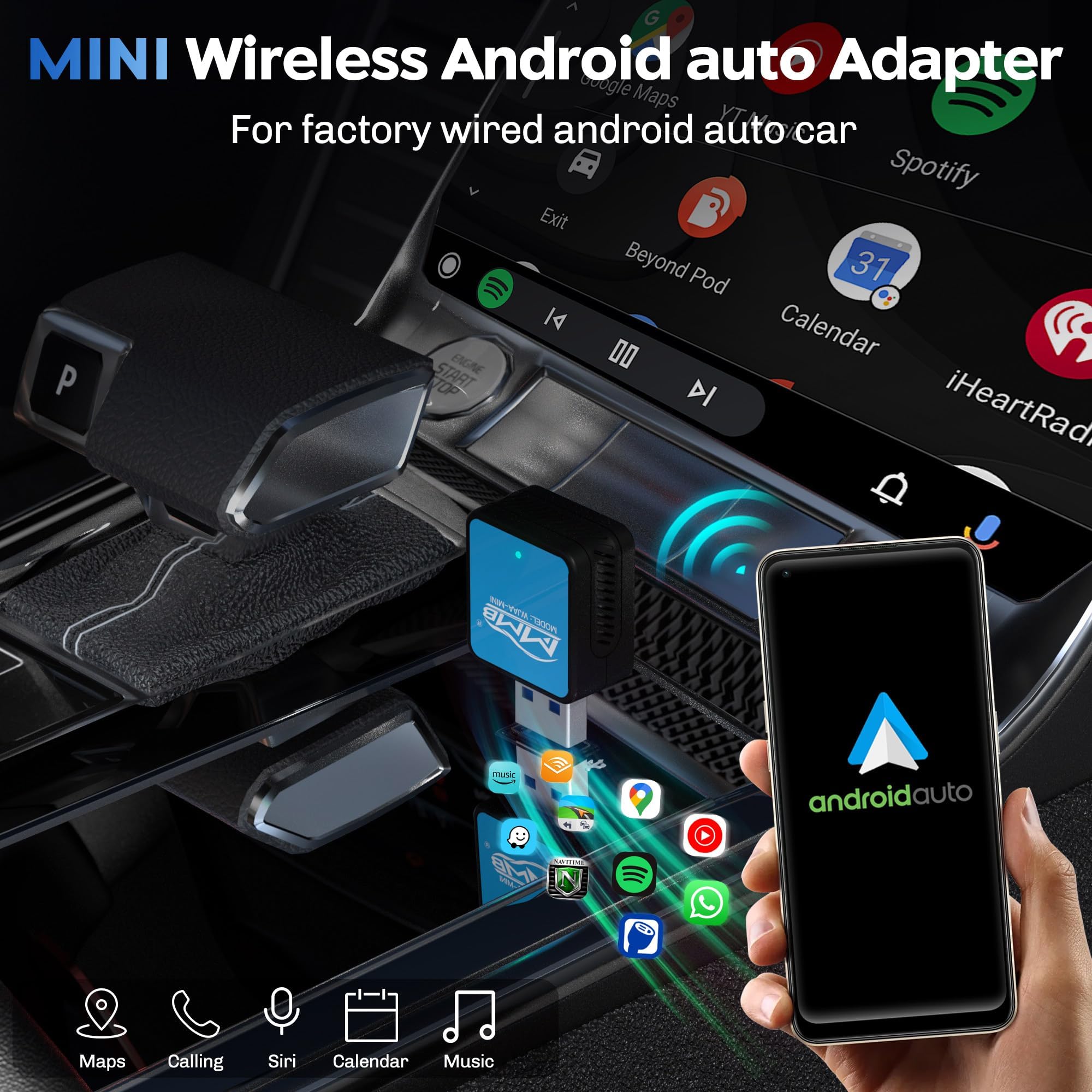 MMB WJAA-MINI Wireless CarPlay, adattatore per auto Android, BT5.2, 5,8 GHz WLAN, per telefoni Android, adatto per auto, dotato di OEM Wired CarPlay o Android Auto