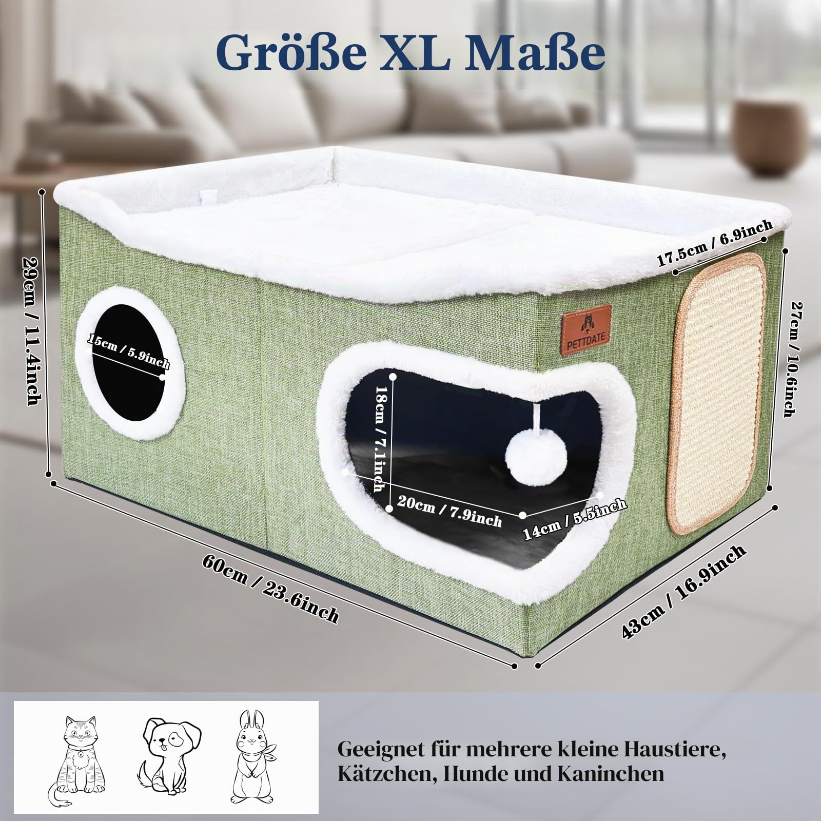 Extra Große Katzenhaus Indoor, 2-stöckige Kuschelhöhle mit Kratzbrett und Spielball, Katzenhöhle für Katzen, Ideal für Mehrere Kleine Haustiere und Große Kätzchen, Grün