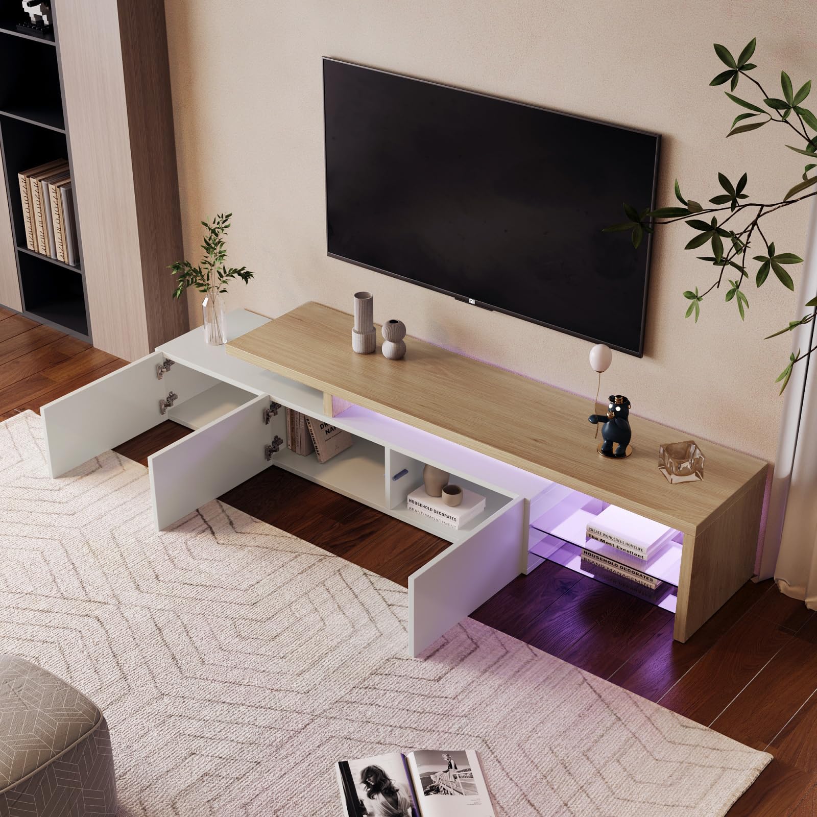 TV Ark, práctico espacio de almacenamiento de madera, consola de TV con 3 armarios e iluminación LED, aspecto brillante, estantes de cristal integrados, mueble de TV elegante y práctico