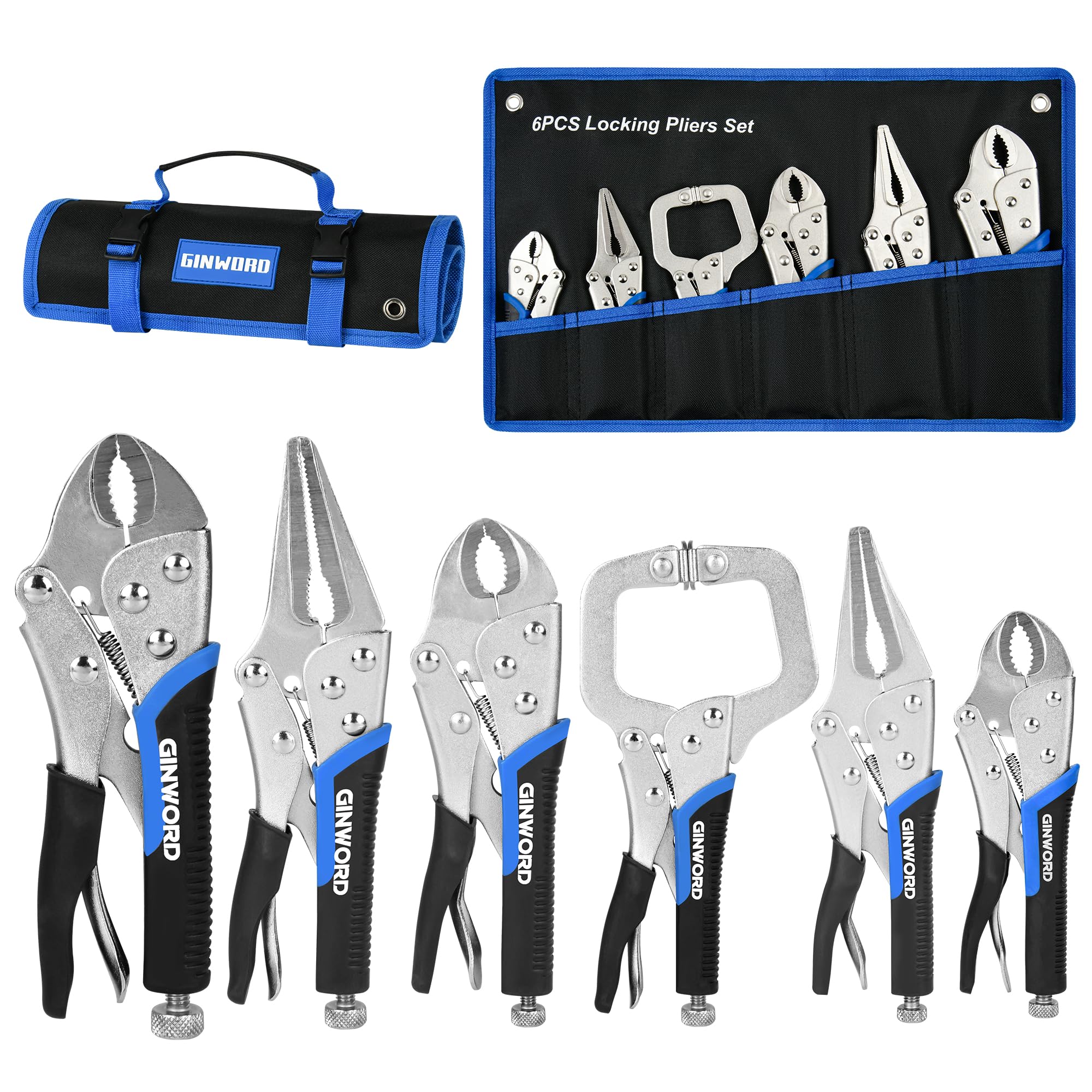 Set di 6 pinze di bloccaggio, set di utensili con custodia arrotolabile, morsa a becco curvo da 15,2 cm e 24,9 cm, pinza di bloccaggio con morsetto a C da 12,7 cm, 17,8 cm e 25,4 cm