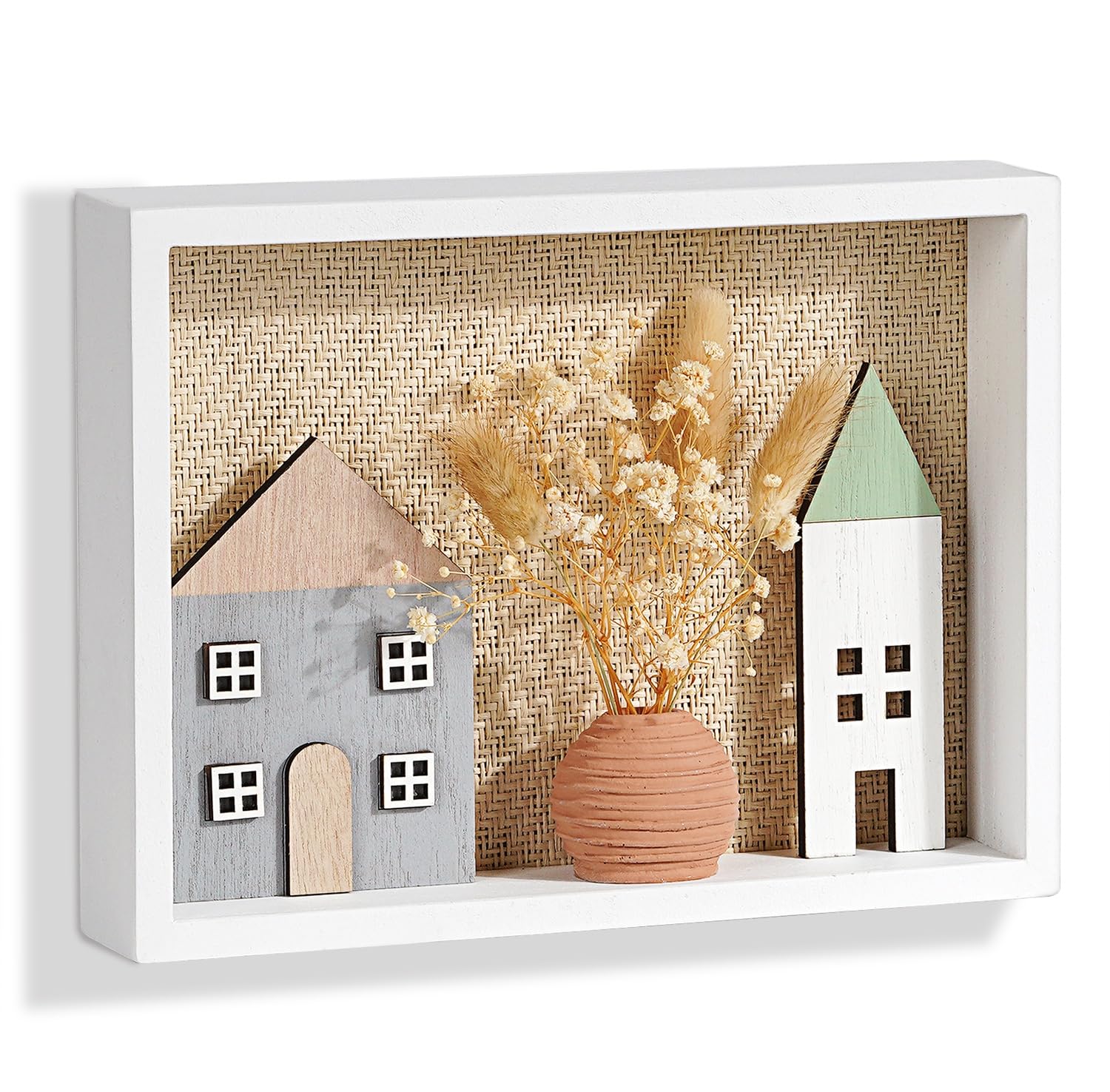 JUJOYBD Deko-Aufsteller Home - Wanddeko Boho ganzjährig - Dekohäuser mit getrockneten Blumen in offenen Holz Tiefrahmen - Weihnachtsdeko für Wohnzimmer, Flur & Schlafzimmer