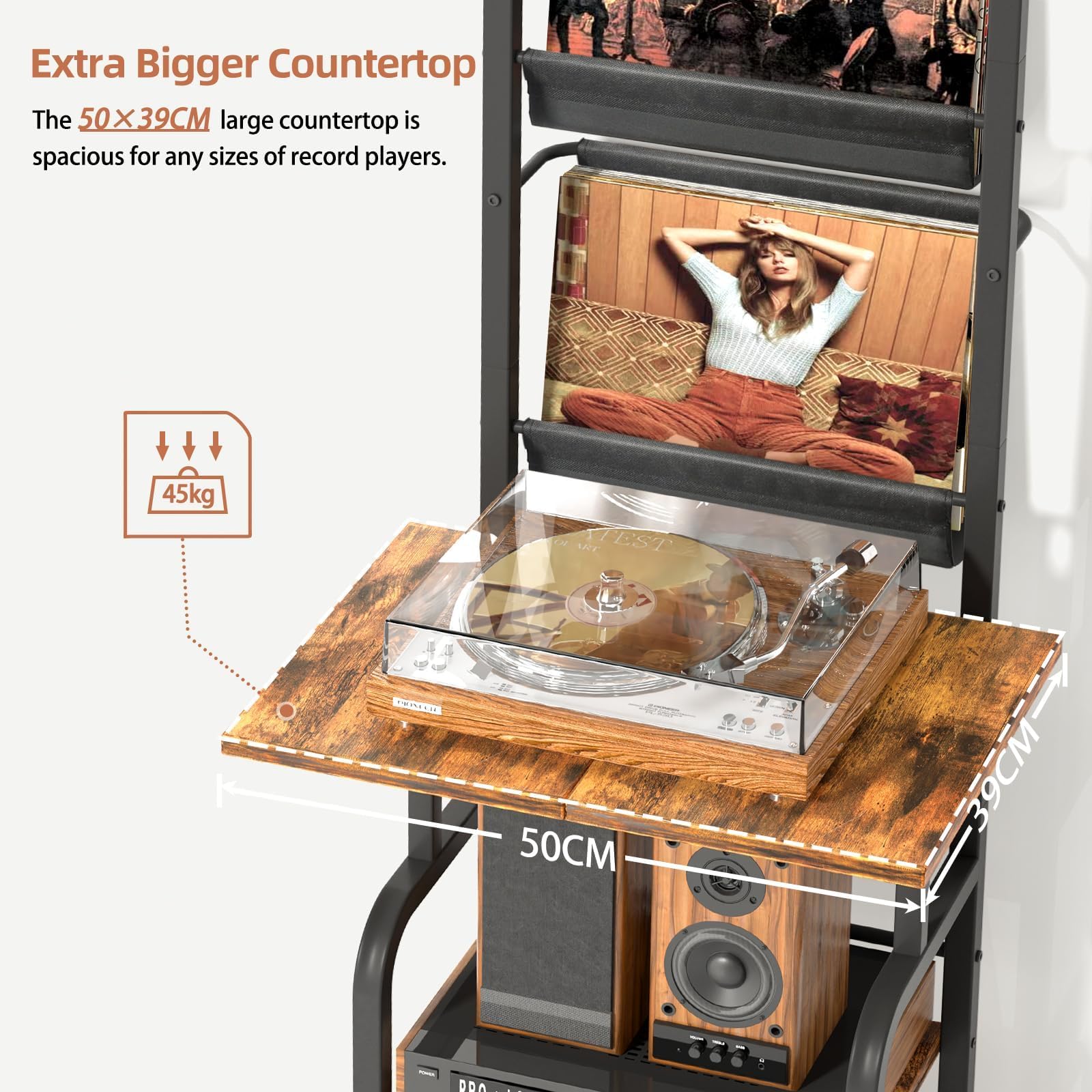 Bikoney Plattenspieler Ständer mit Schallplatten Aufbewahrung, Hoher Vinyl Regal für bis zu 200 LPs, Plattenspieler Tisch mit Wandhalterung, Vinyl Schrank für Wohnzimmer oder Schlafzimmer