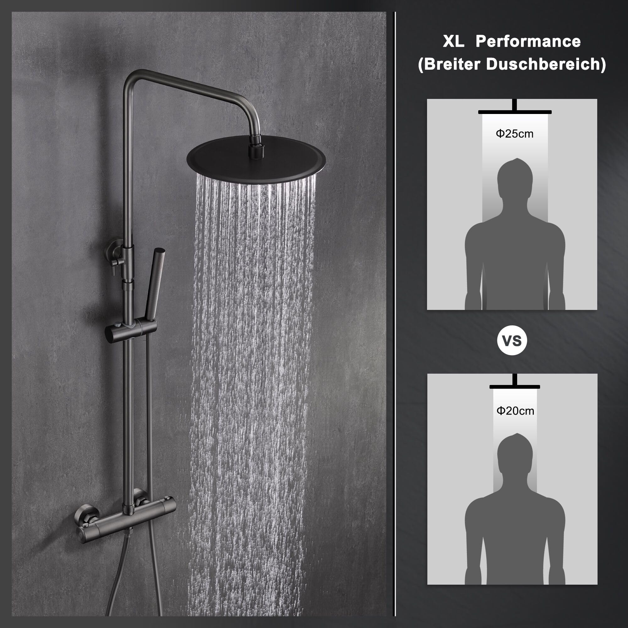 Görbach Colonna Doccia con rubinetto doccia, sistema doccia in acciaio inox con miscelatore termostatico, doccetta, asta doccia, soffione doccia D25 cm, Grigio Canna Di Fucile