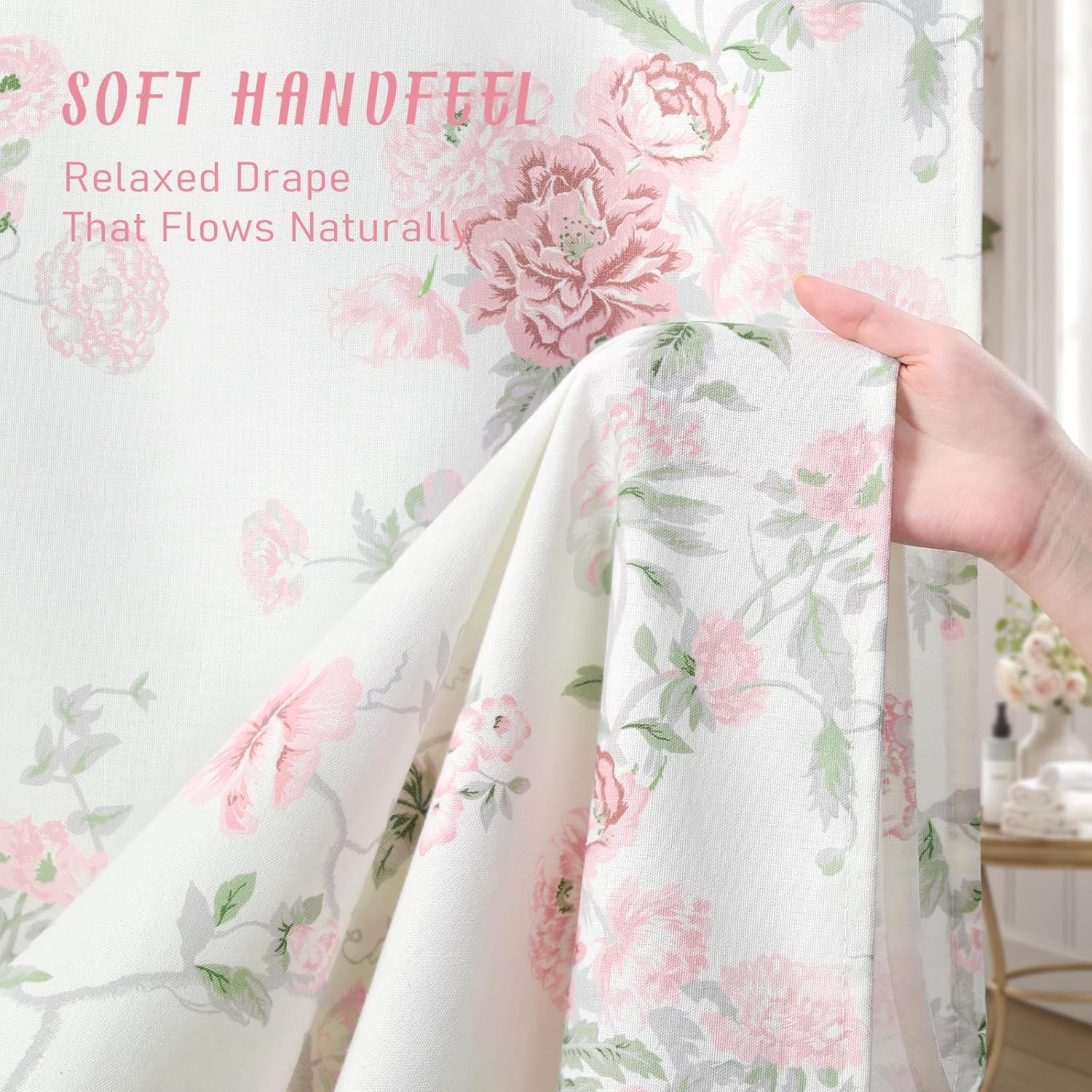 Pink and Sage Green Floral Vintage Shower Curtain,Cottage core Cotton Shower Curtains for Bathroom,72Wx72H