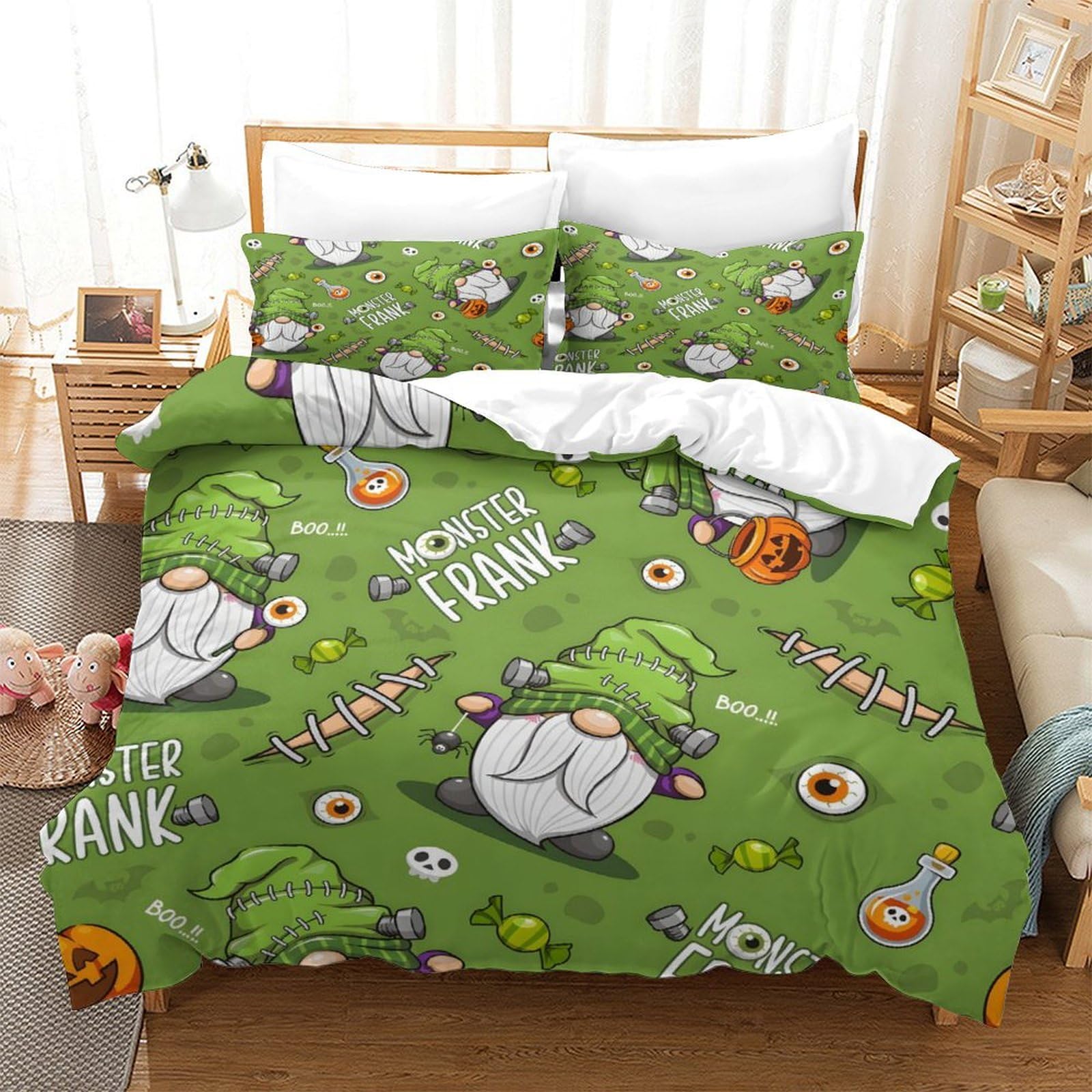 Ensemble de literie 3D Halloween, housse de couette gnome vampire Super Roi 260x220cm avec zip