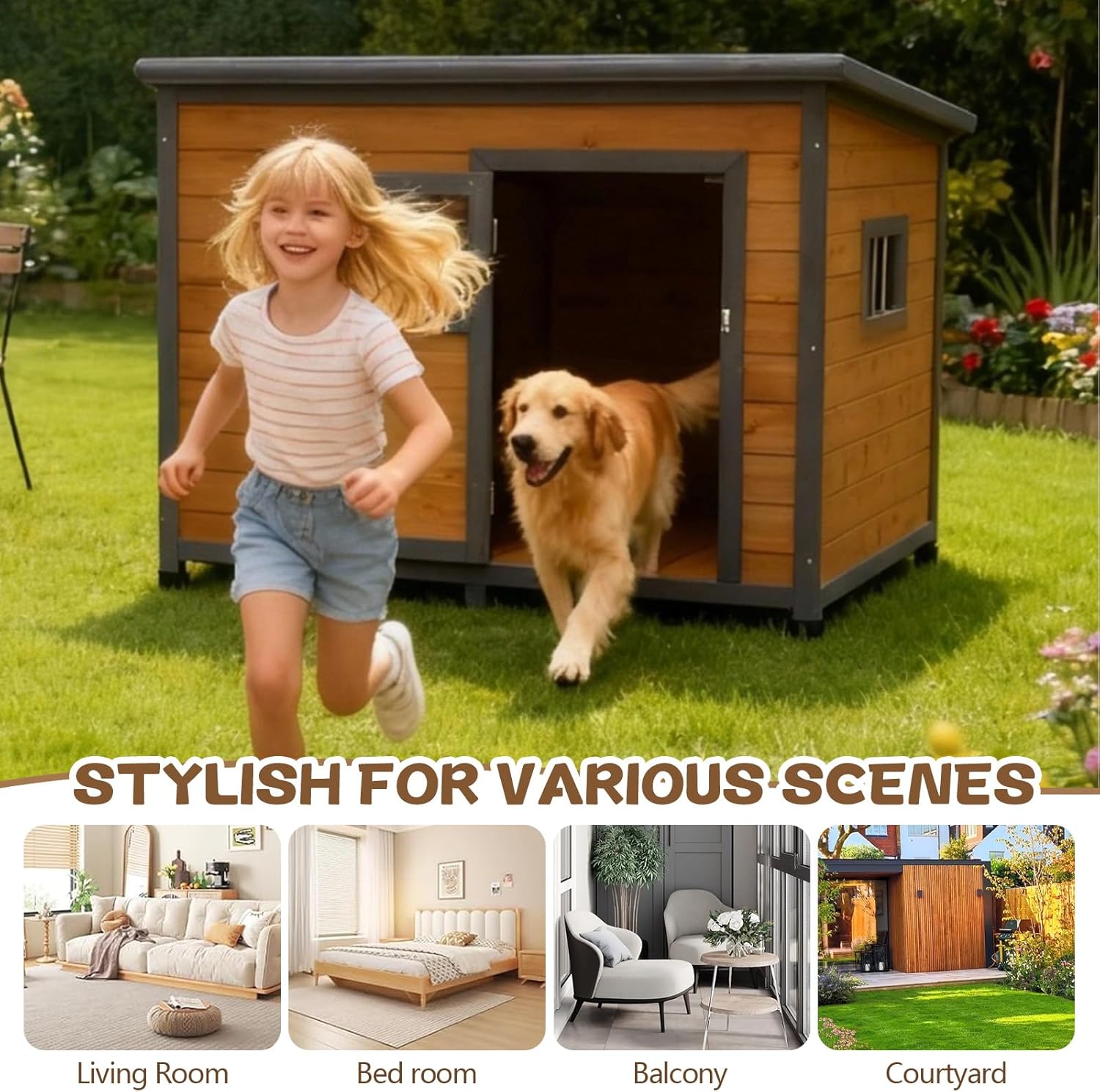 45” Outdoor Dog Houses with Door, Dog Houses Outdoor with Door Lock, Casa para Perros Grandes for Small to Large Dogs Indoor, Easy Assembly (Gray+Yellow)