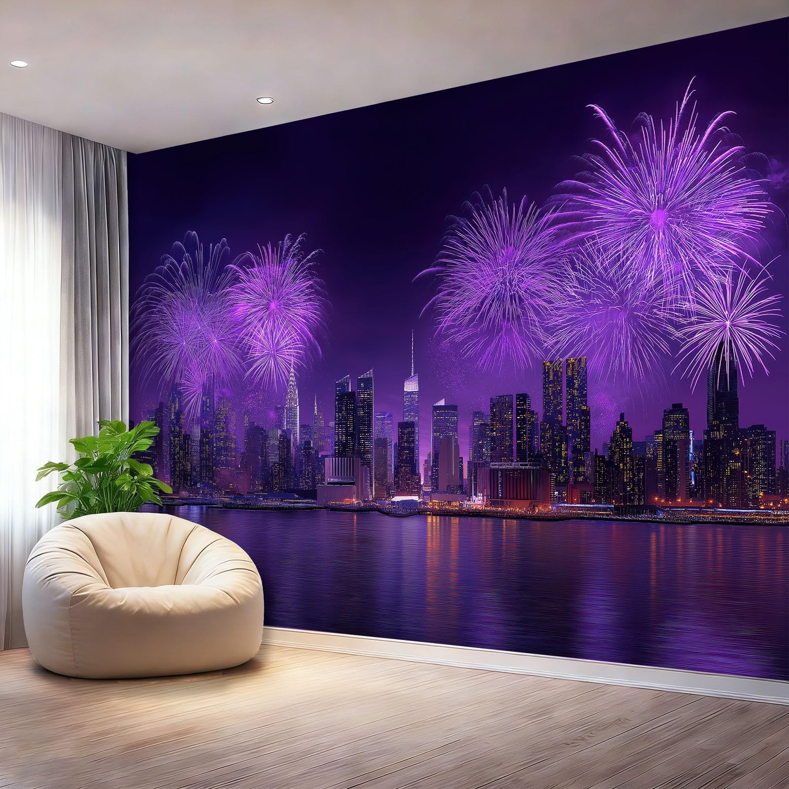 Tapeta 300 x 210 cm, panoramiczna tapeta z włókniny panorama Nowego Jorku fajerwerki, fioletowa dekoracja ścienna, plakat z nadrukiem 3D gobelin