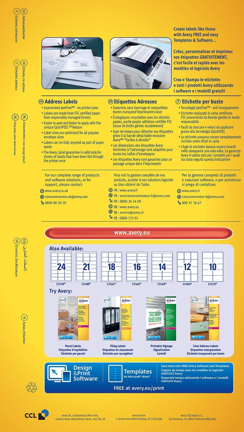 Avery l7160-15 Pack of 315 Laser Printer Labels 63.5 x 38.1 MM White