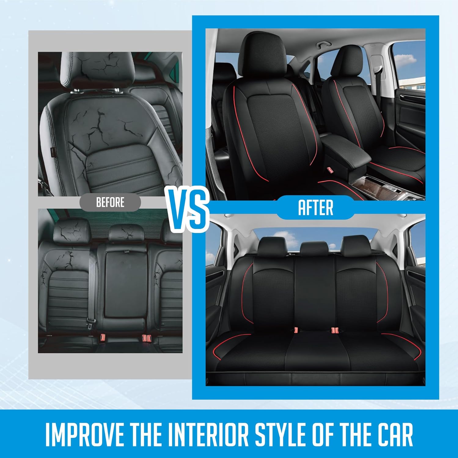 PIC AUTO Car Seat Cover, Pinping Leather and Mesh Seat Cover for Cars, Stylish Two-Tone Design Full Set Seat Covers, Breathable, Universal Fit,Comfortable and Durable SUVs, and Trucks(Red)