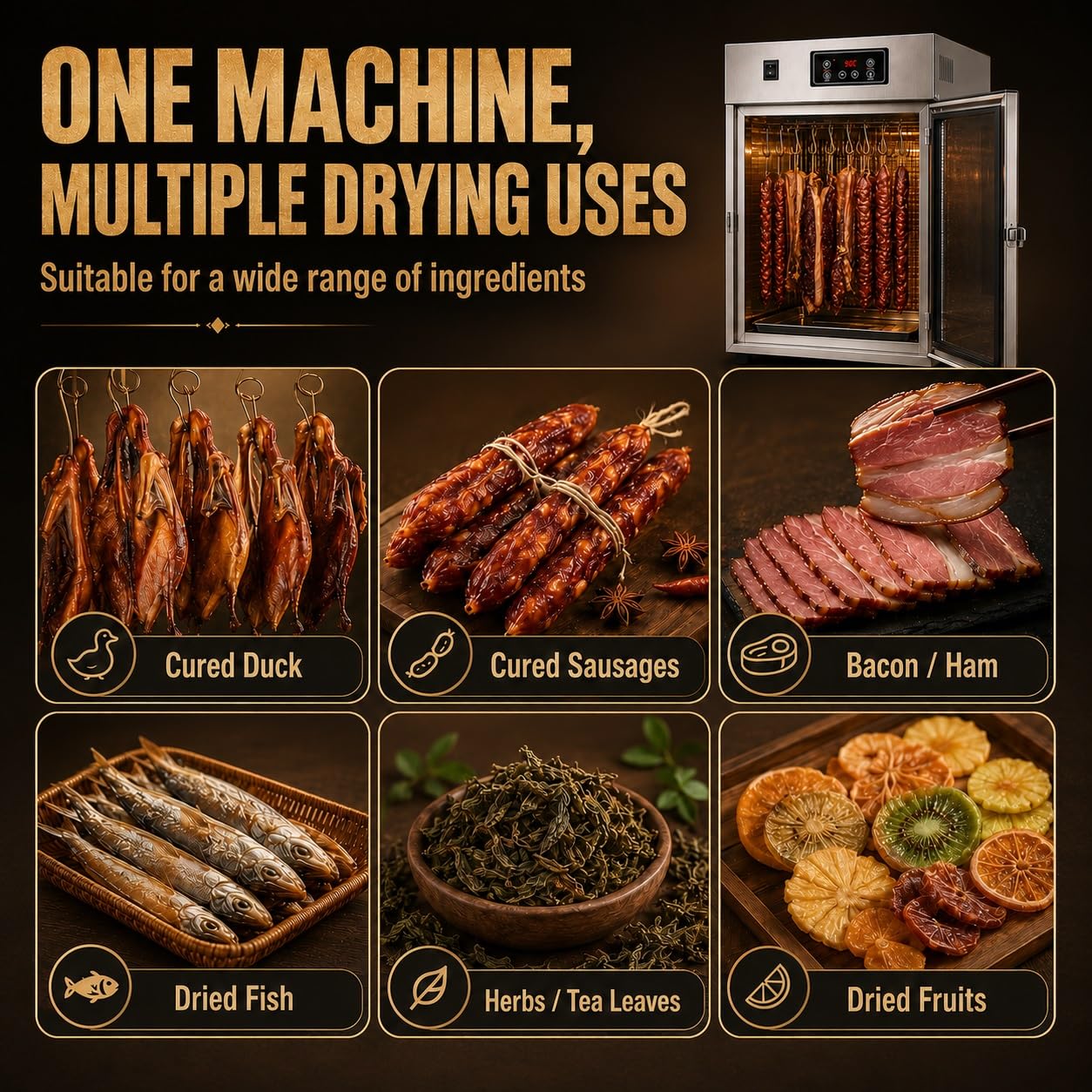 Dry Ager, 360° Drehbarer Fleischtrockner Mit LED-Steuerung Und 14 Haken | 0-90°C-Einstellung, 7,5 kg Fassungsvermögen, Edelstahl, for Pökeln von Wurst, Speck und Hühnchen