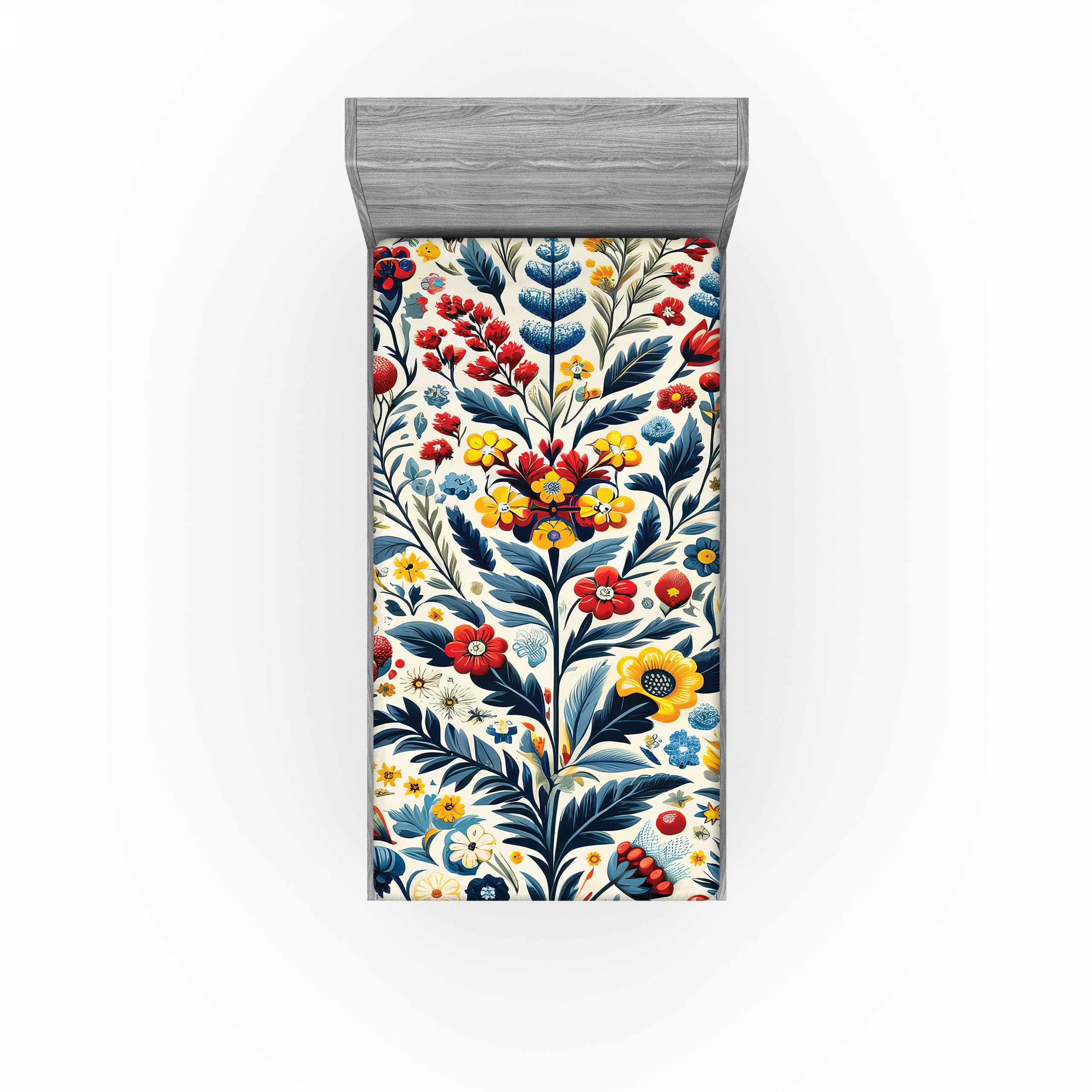 Ambesonne Mexican Floral Fitted Sheet, Colorful Art Delicate Spring Composition of Leafy Flowers Nature, Bed Cover with All-Round Elastic Deep Pocket for Comfort, Twin Size, Blue Dark Pink Mustard