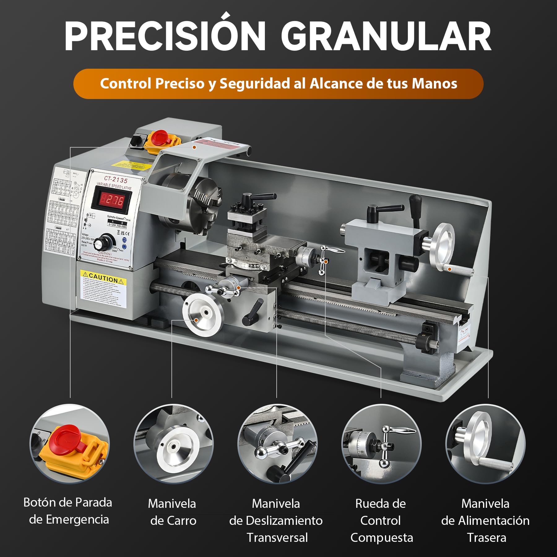 CREWORKS 600 W Mini Torno de Metal, 210x350 mm Torno para Metal de Sobremesa con Pantalla Digital, Máquina de Torno de Metal con Máx. Velocidad 2250 RPM, Torno para Metal para Roscar, Tornear