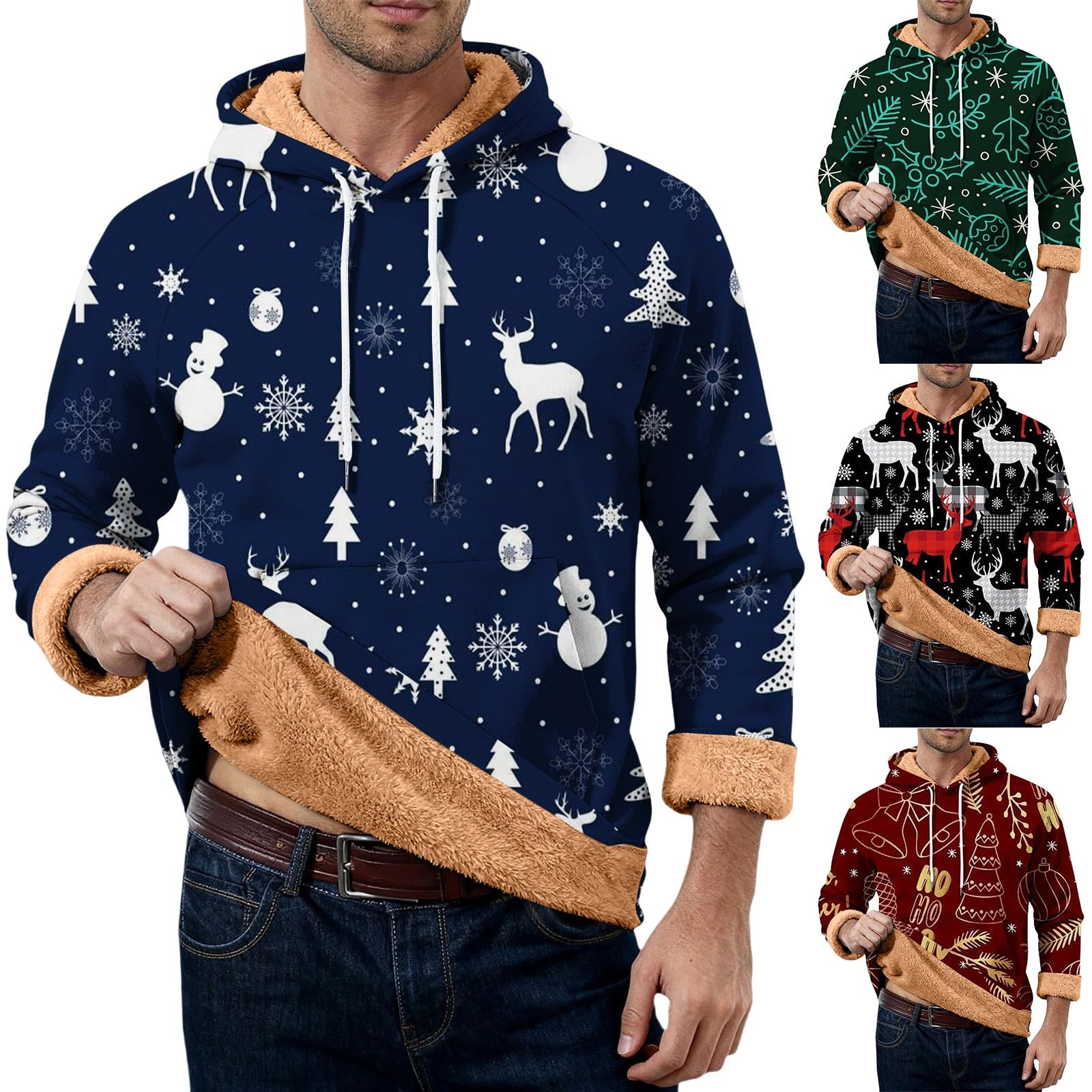 Sudadera con capucha navideña con forro polar para hombre, divertido, reno, árbol de Navidad, sudadera de tallas grandes, vestidos de Navidad, tops de manga larga, cálido, jerséis sherpa novedad
